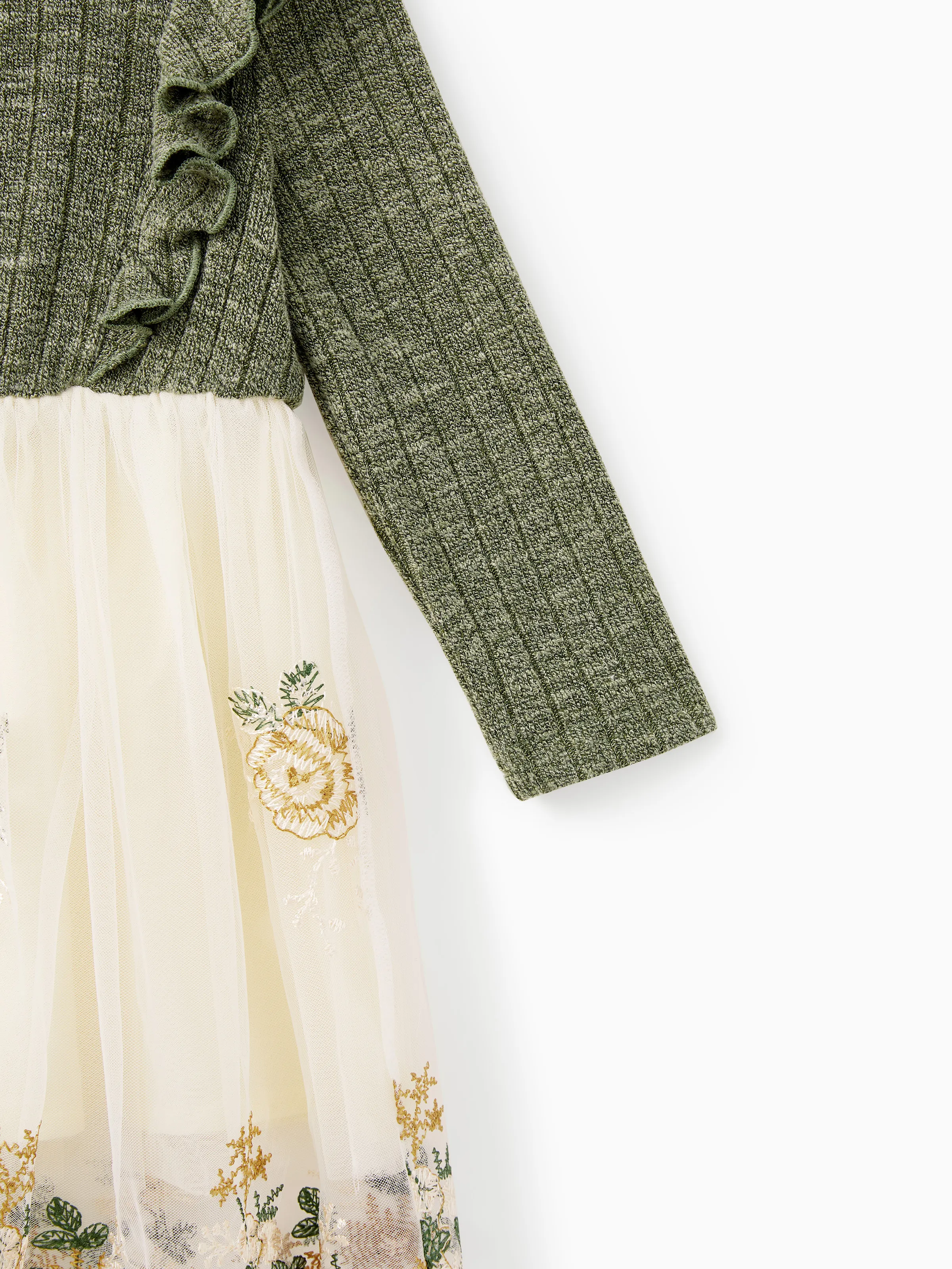 Family Matching Sets Green Long Sleeves Shirt or Ribbed Off-Shoulder Embroidered Tulle Dress Green - Image 15