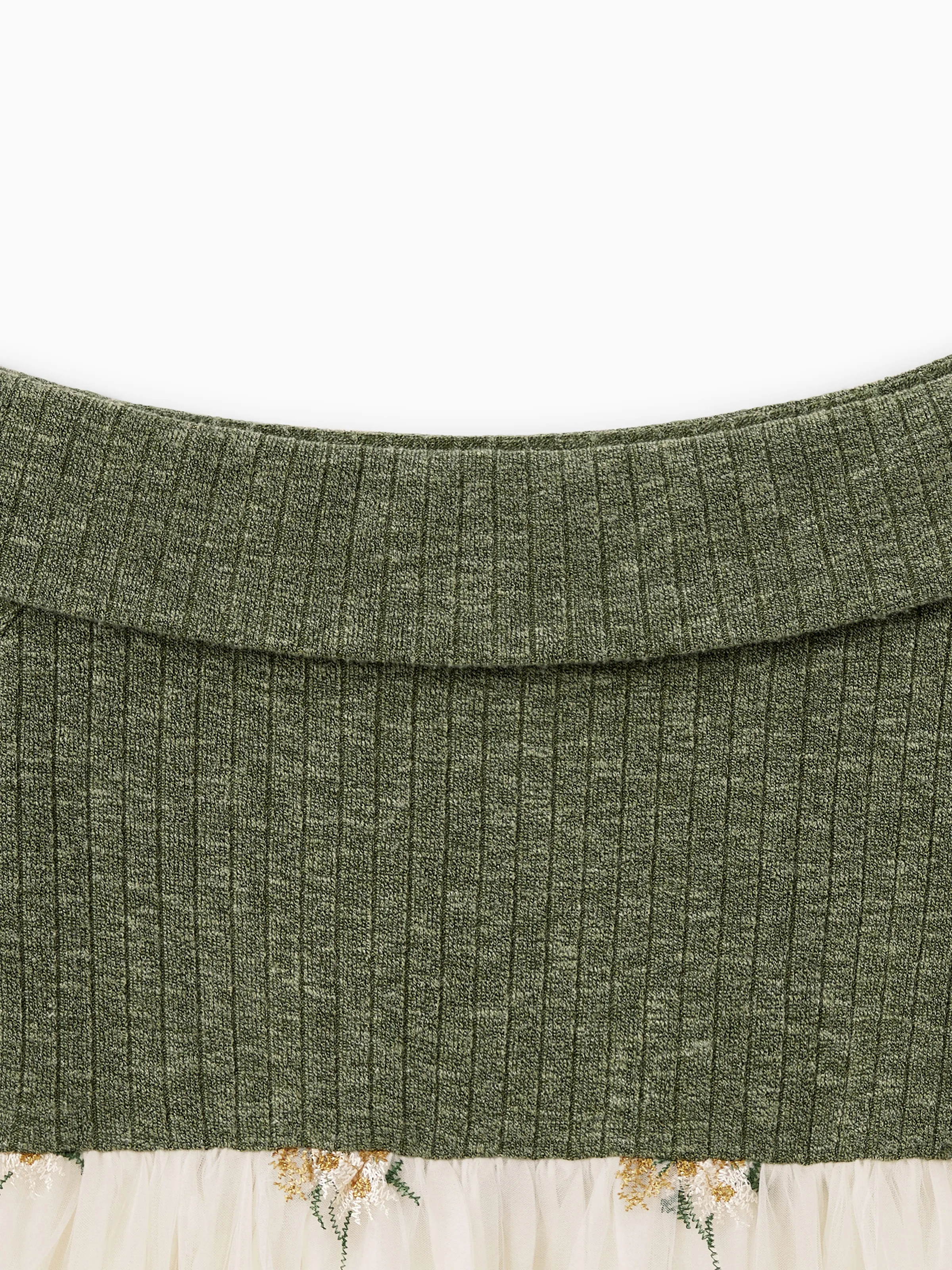 Family Matching Sets Green Long Sleeves Shirt or Ribbed Off-Shoulder Embroidered Tulle Dress Green - Image 4