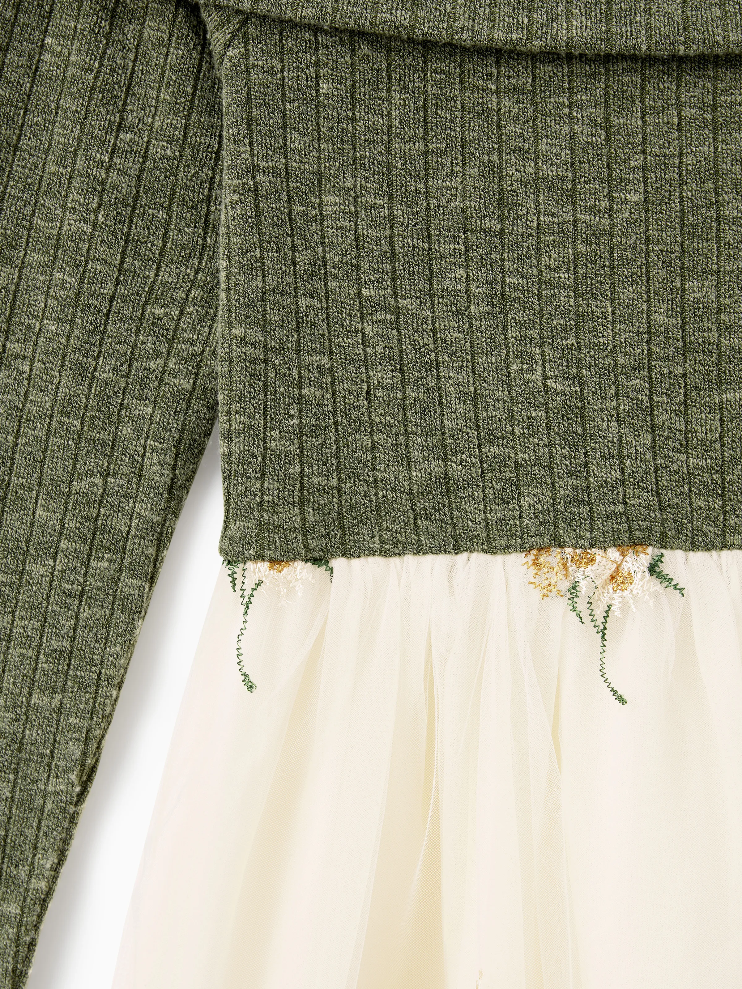 Family Matching Sets Green Long Sleeves Shirt or Ribbed Off-Shoulder Embroidered Tulle Dress Green - Image 5