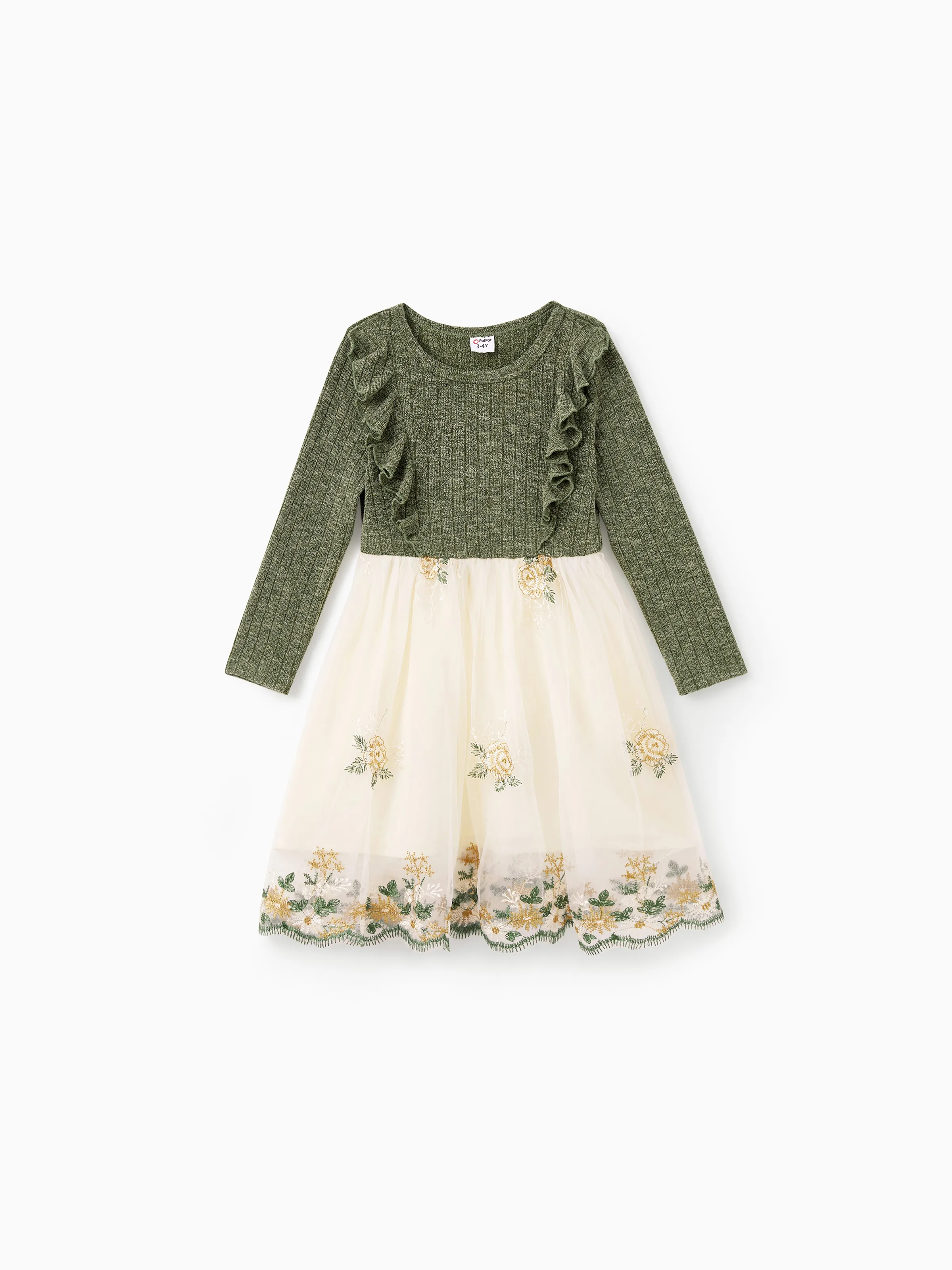 Family Matching Sets Green Long Sleeves Shirt or Ribbed Off-Shoulder Embroidered Tulle Dress Green - Image 7