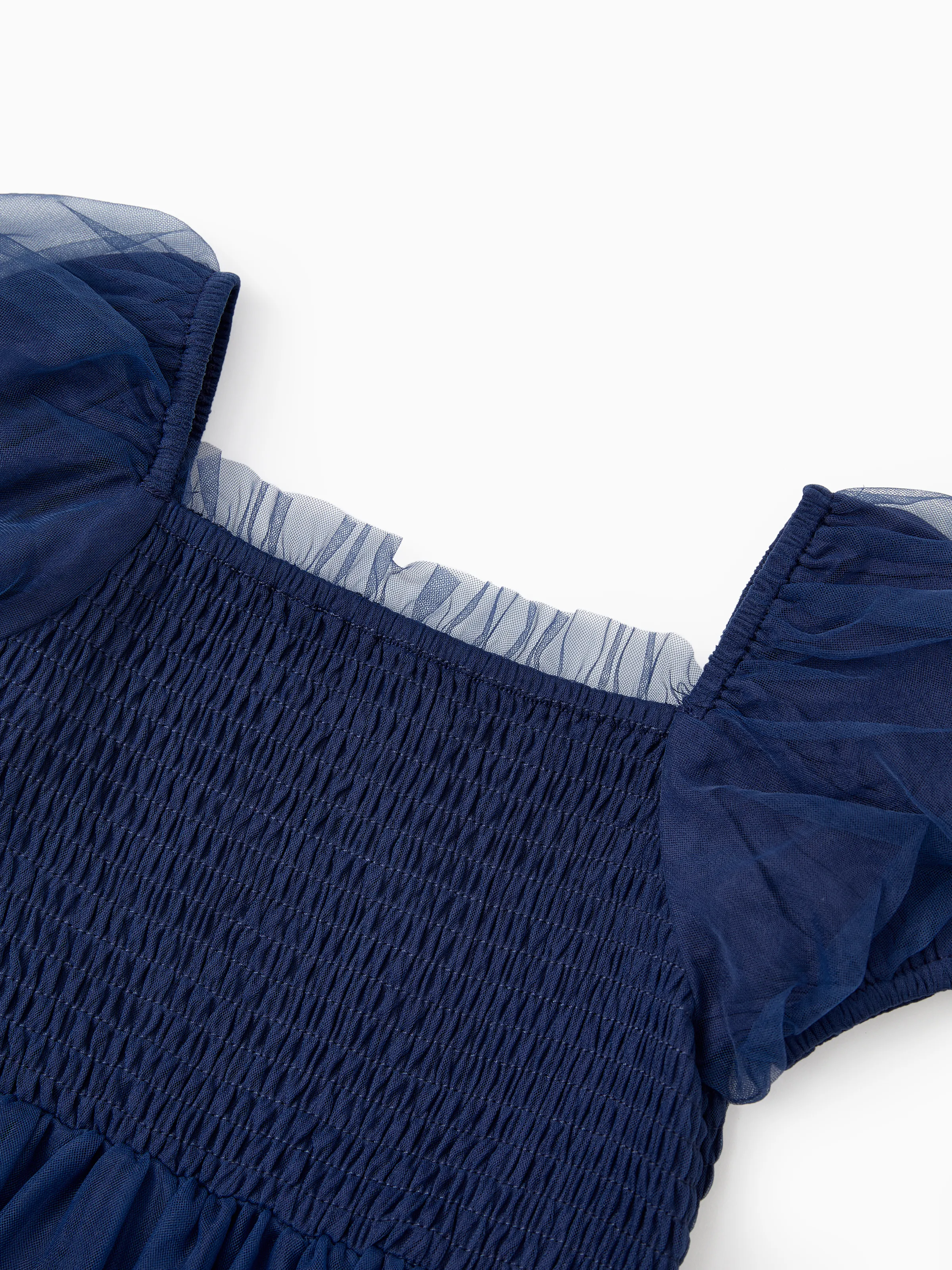 Family Matching Sets Plaid Long Sleeves Shirt or Elegant Shirred Bodice Puff Sleeves Tulle Mesh Dress royalblue - Image 10