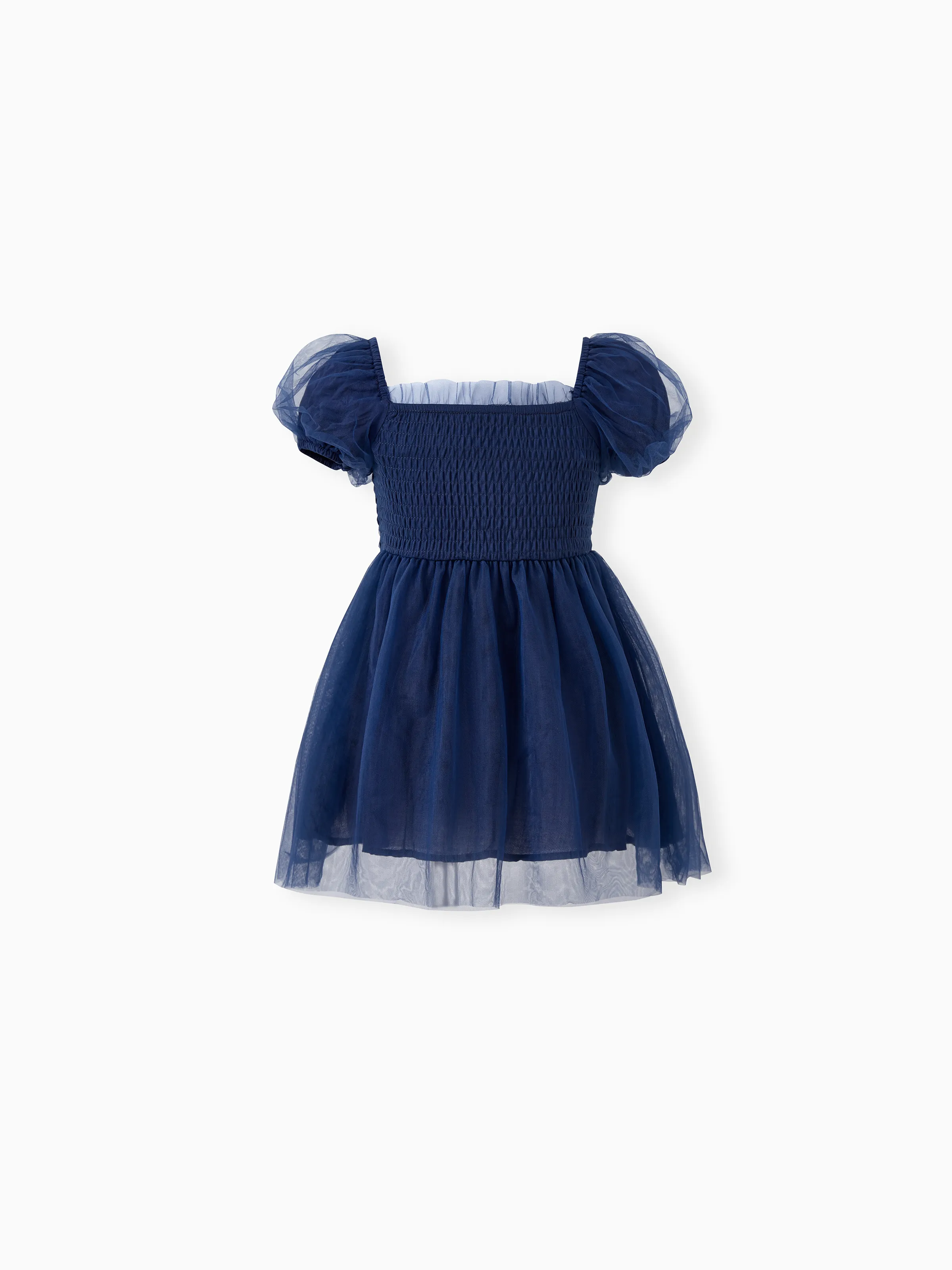 Family Matching Sets Plaid Long Sleeves Shirt or Elegant Shirred Bodice Puff Sleeves Tulle Mesh Dress royalblue - Image 12