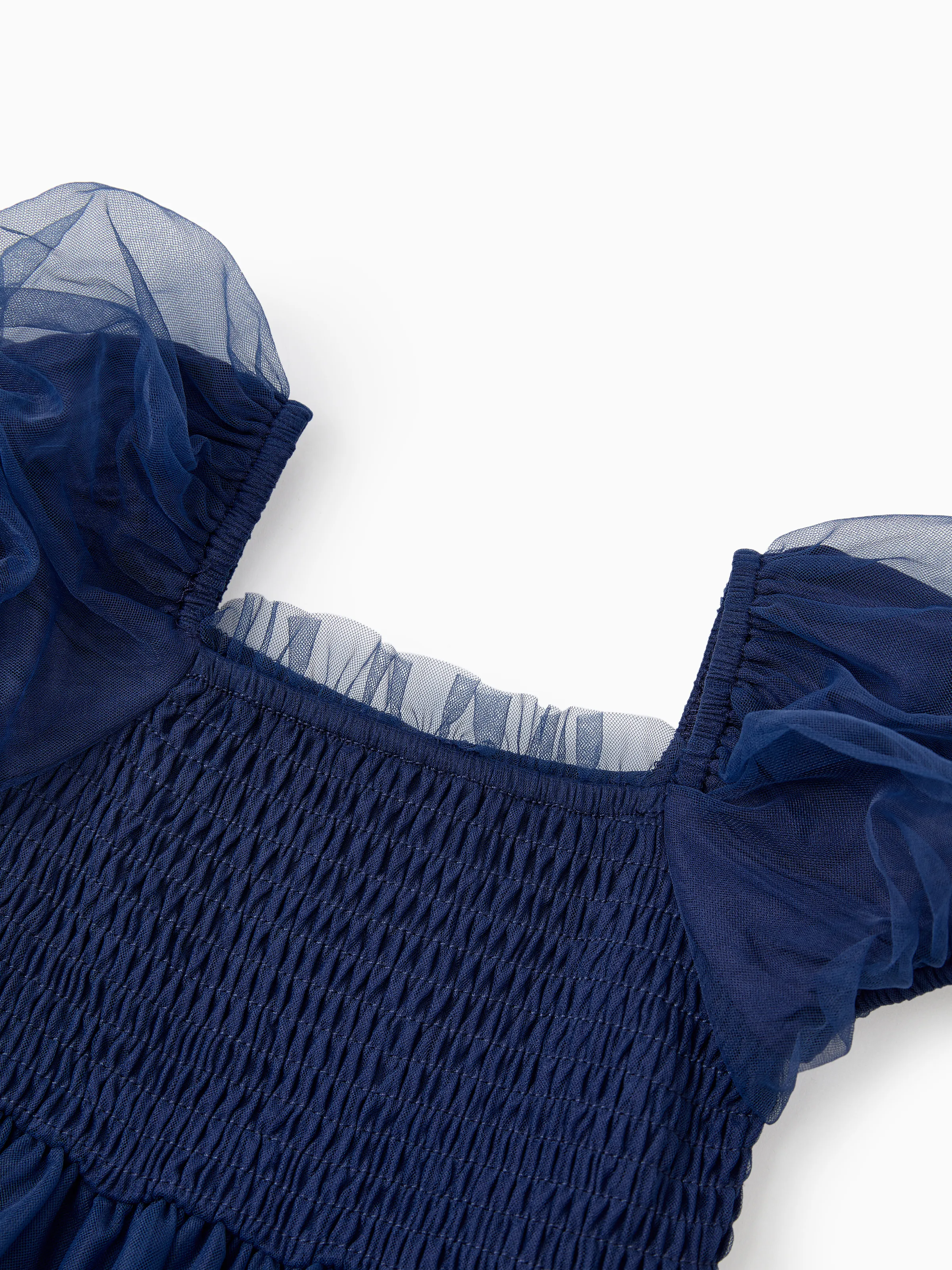 Family Matching Sets Plaid Long Sleeves Shirt or Elegant Shirred Bodice Puff Sleeves Tulle Mesh Dress royalblue - Image 15