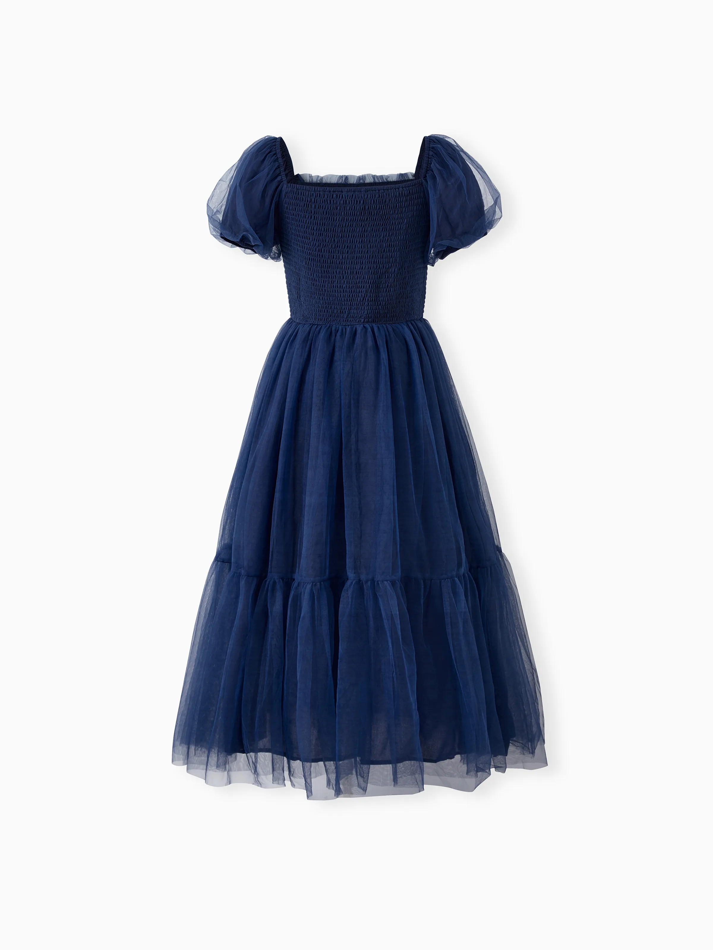 Family Matching Sets Plaid Long Sleeves Shirt or Elegant Shirred Bodice Puff Sleeves Tulle Mesh Dress royalblue - Image 3