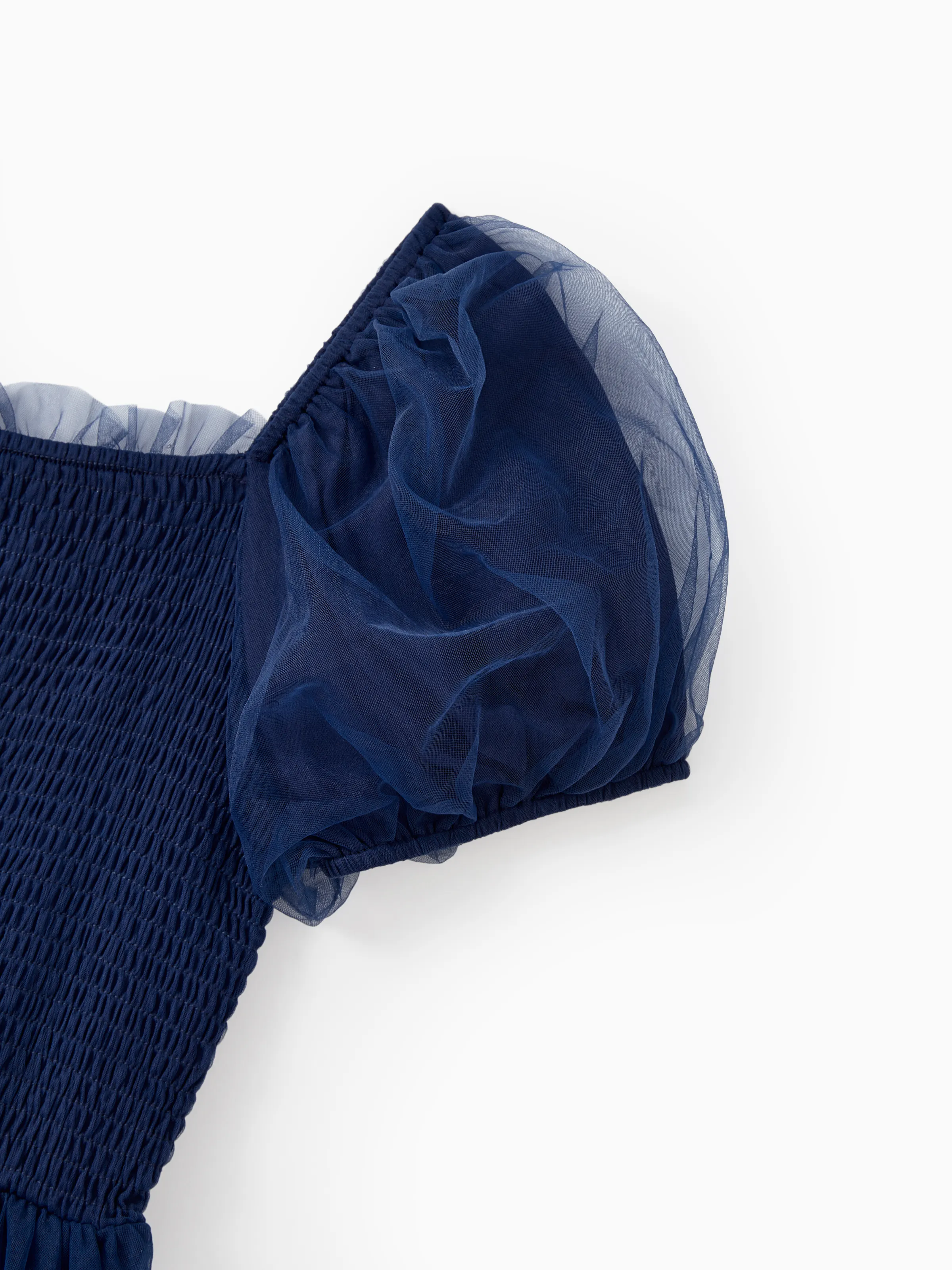 Family Matching Sets Plaid Long Sleeves Shirt or Elegant Shirred Bodice Puff Sleeves Tulle Mesh Dress royalblue - Image 4