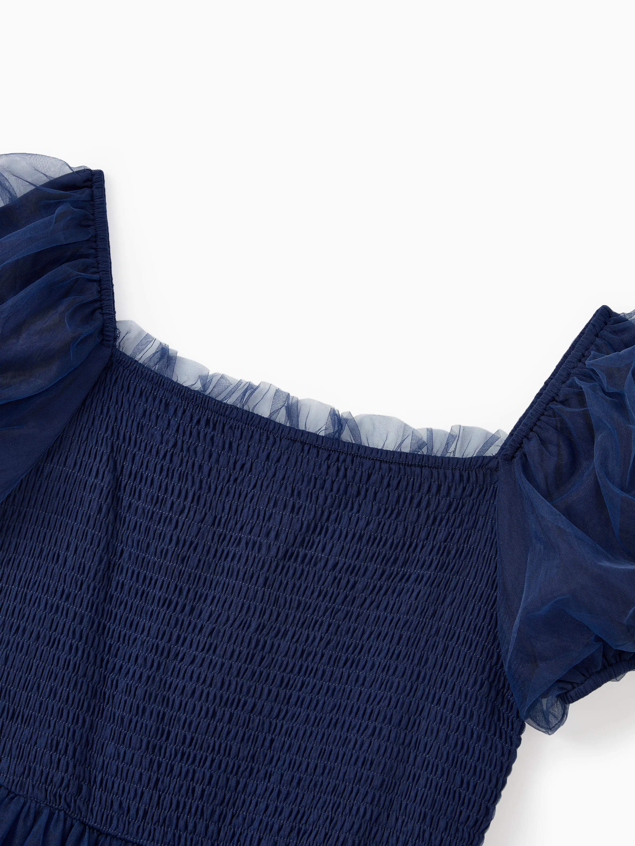 Family Matching Sets Plaid Long Sleeves Shirt or Elegant Shirred Bodice Puff Sleeves Tulle Mesh Dress royalblue - Image 5