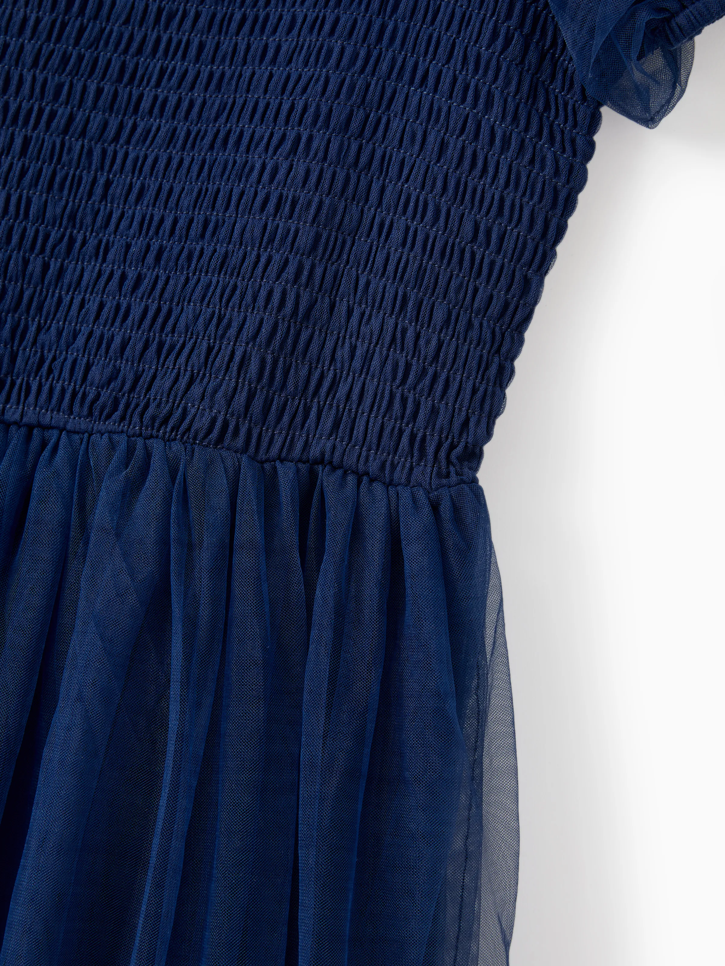 Family Matching Sets Plaid Long Sleeves Shirt or Elegant Shirred Bodice Puff Sleeves Tulle Mesh Dress royalblue - Image 6