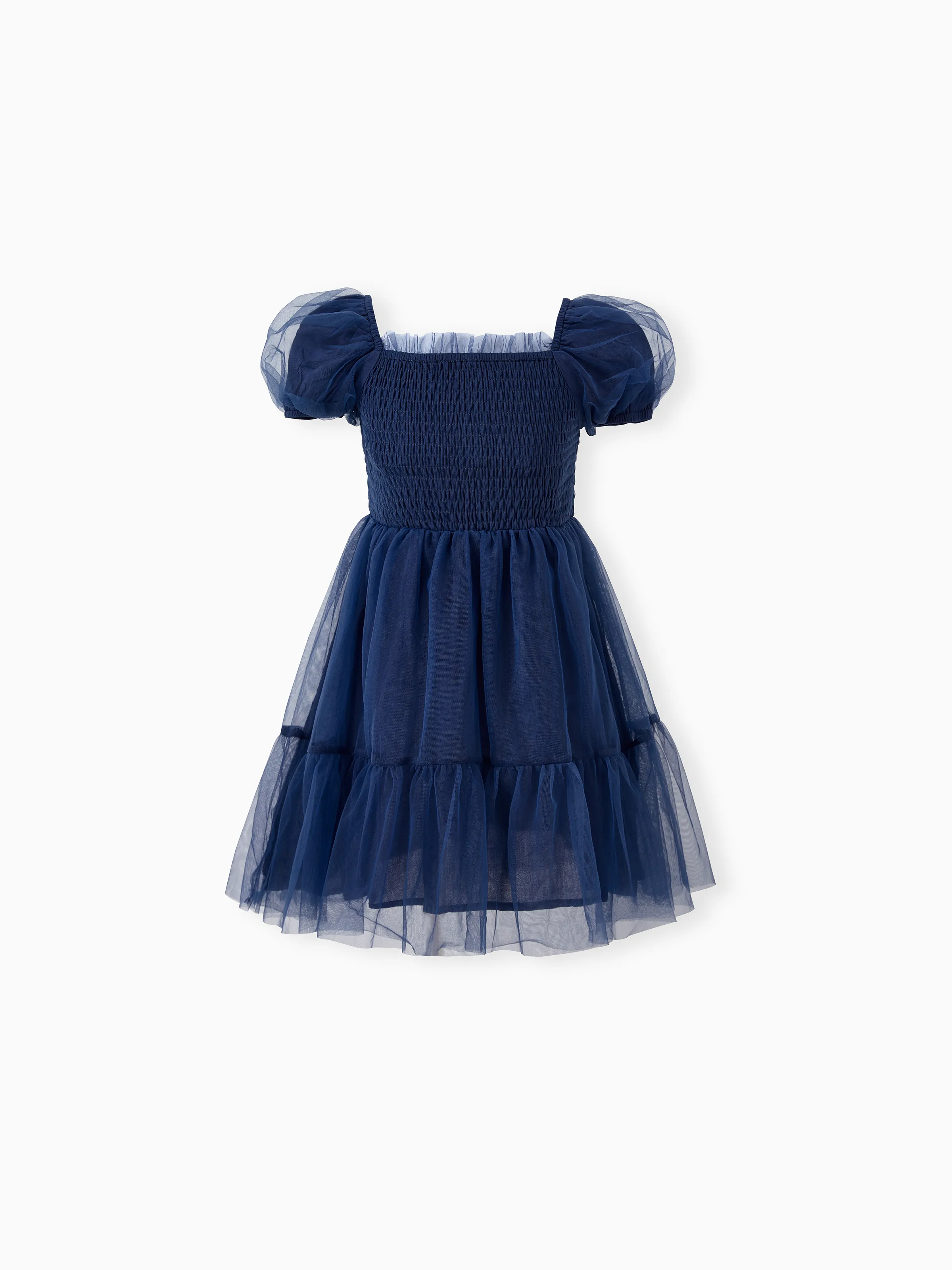Family Matching Sets Plaid Long Sleeves Shirt or Elegant Shirred Bodice Puff Sleeves Tulle Mesh Dress royalblue - Image 7