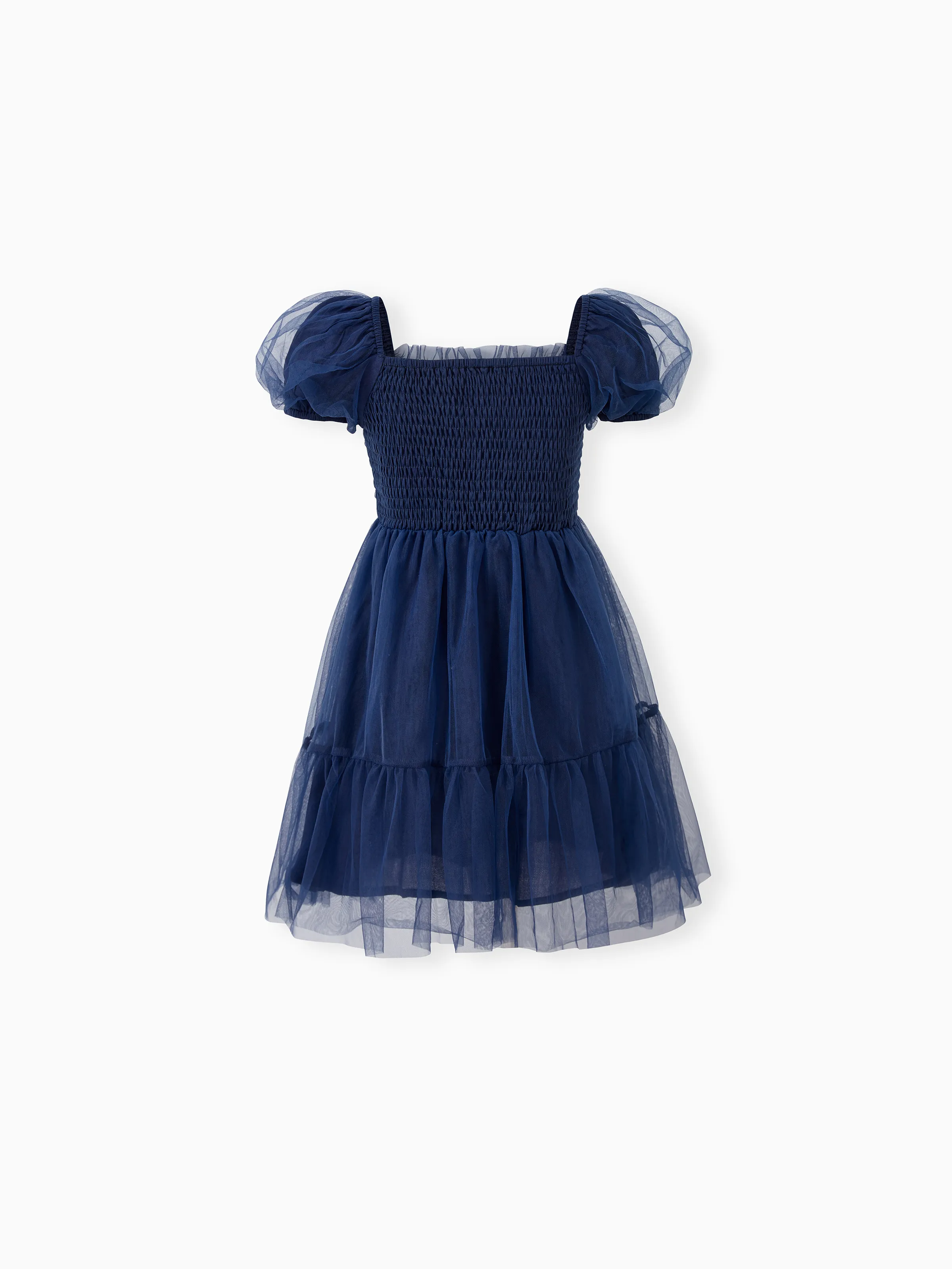 Family Matching Sets Plaid Long Sleeves Shirt or Elegant Shirred Bodice Puff Sleeves Tulle Mesh Dress royalblue - Image 8
