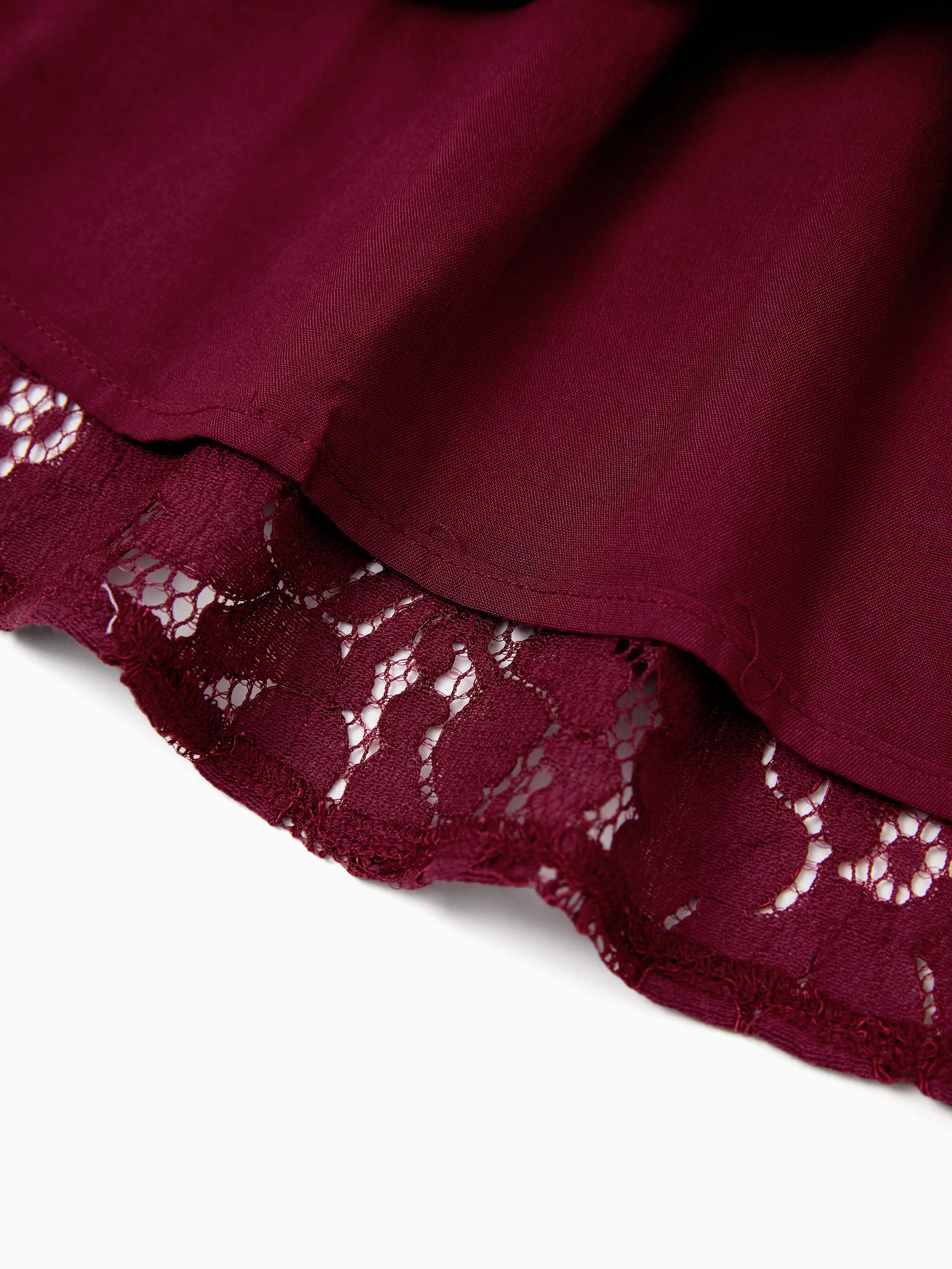 Family Matching Sets Plaid Shirt or Red Wine Lace Ruffle Sleeve A-Line Dress WineRed - Image 17