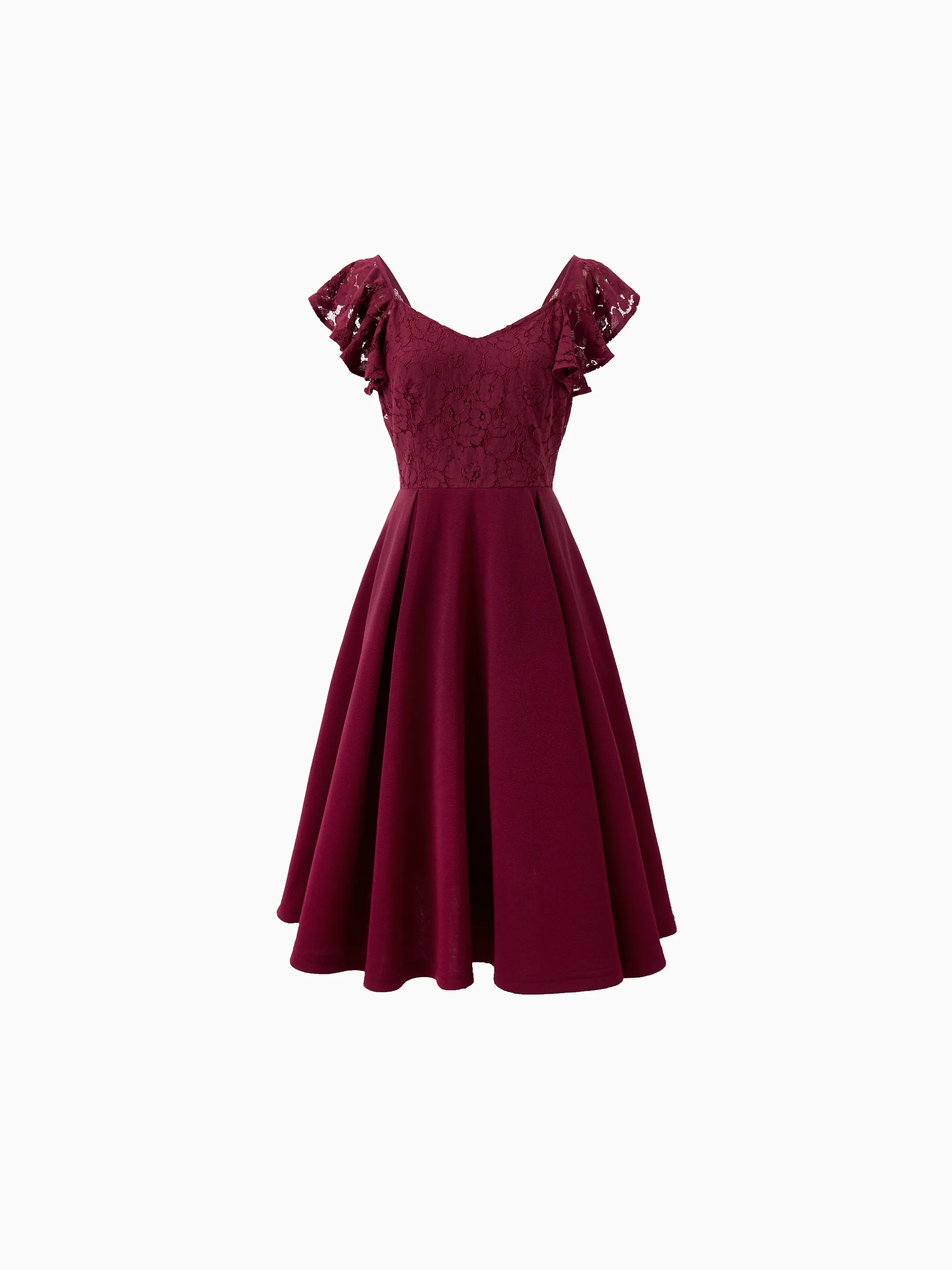 Family Matching Sets Plaid Shirt or Red Wine Lace Ruffle Sleeve A-Line Dress WineRed - Image 3
