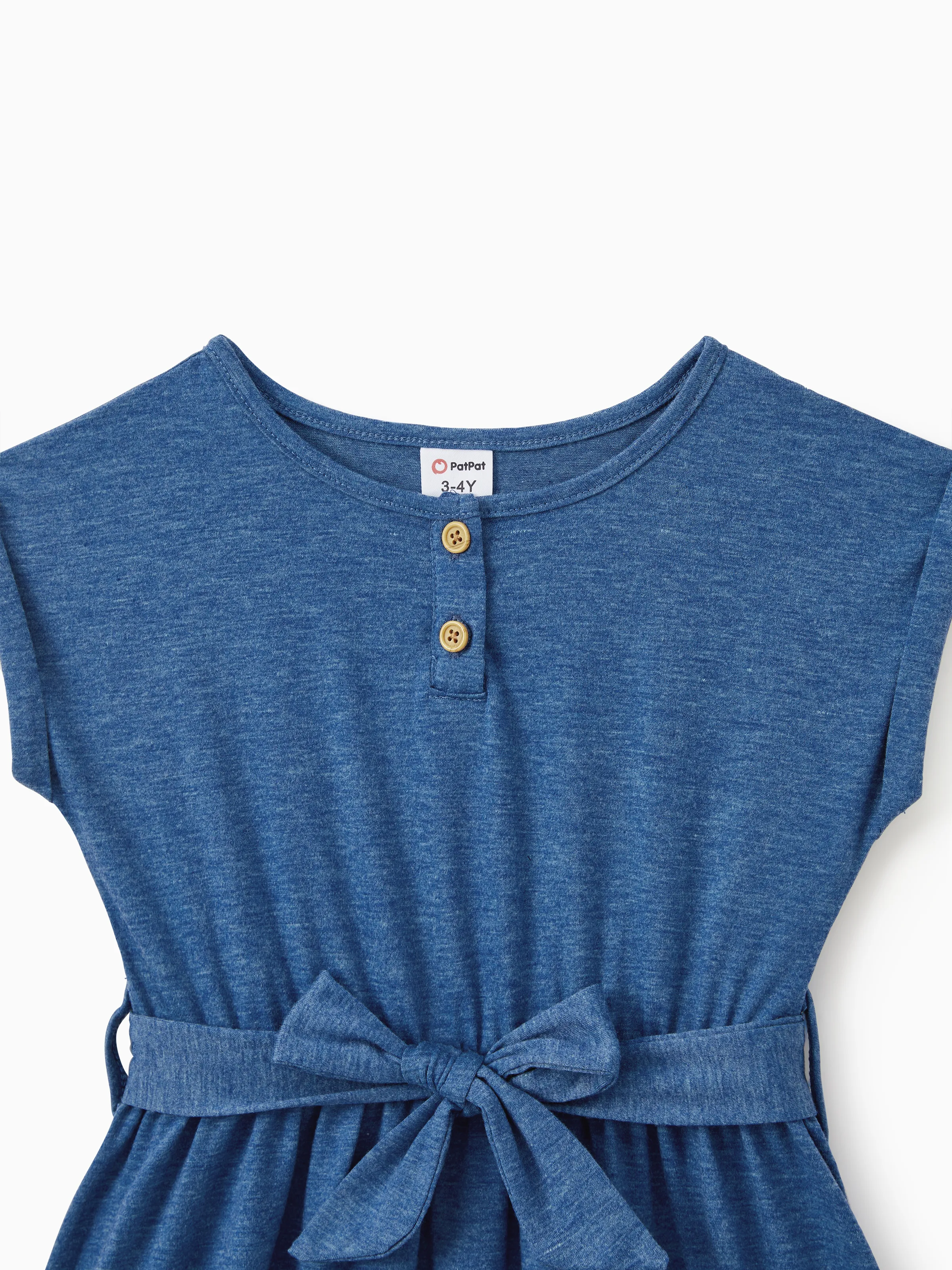 Family Matching Soft Casual Outfit with Below Knee Dresses, Front Buttons, Belted Design Blue - Image 10