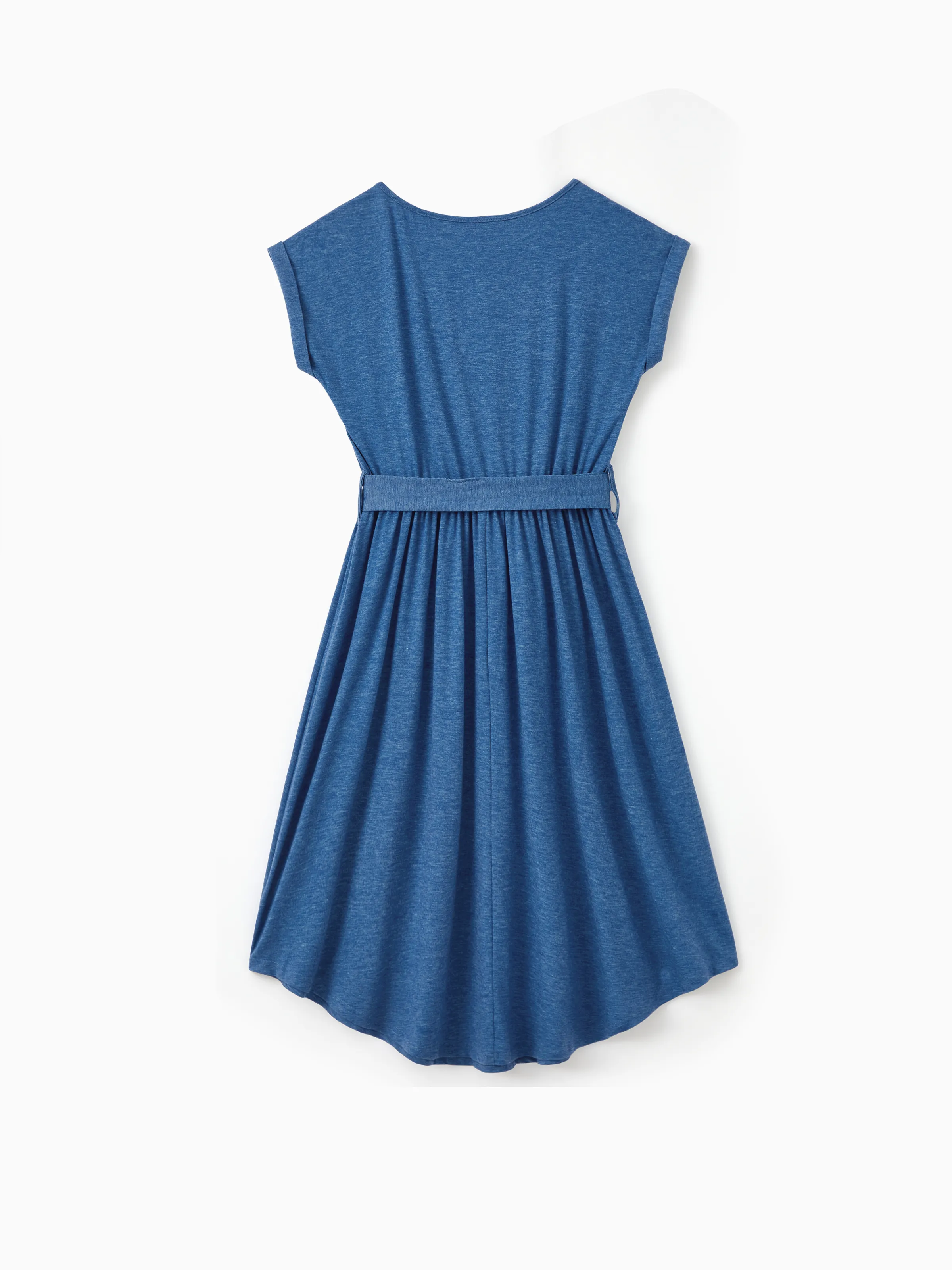 Family Matching Soft Casual Outfit with Below Knee Dresses, Front Buttons, Belted Design Blue - Image 3