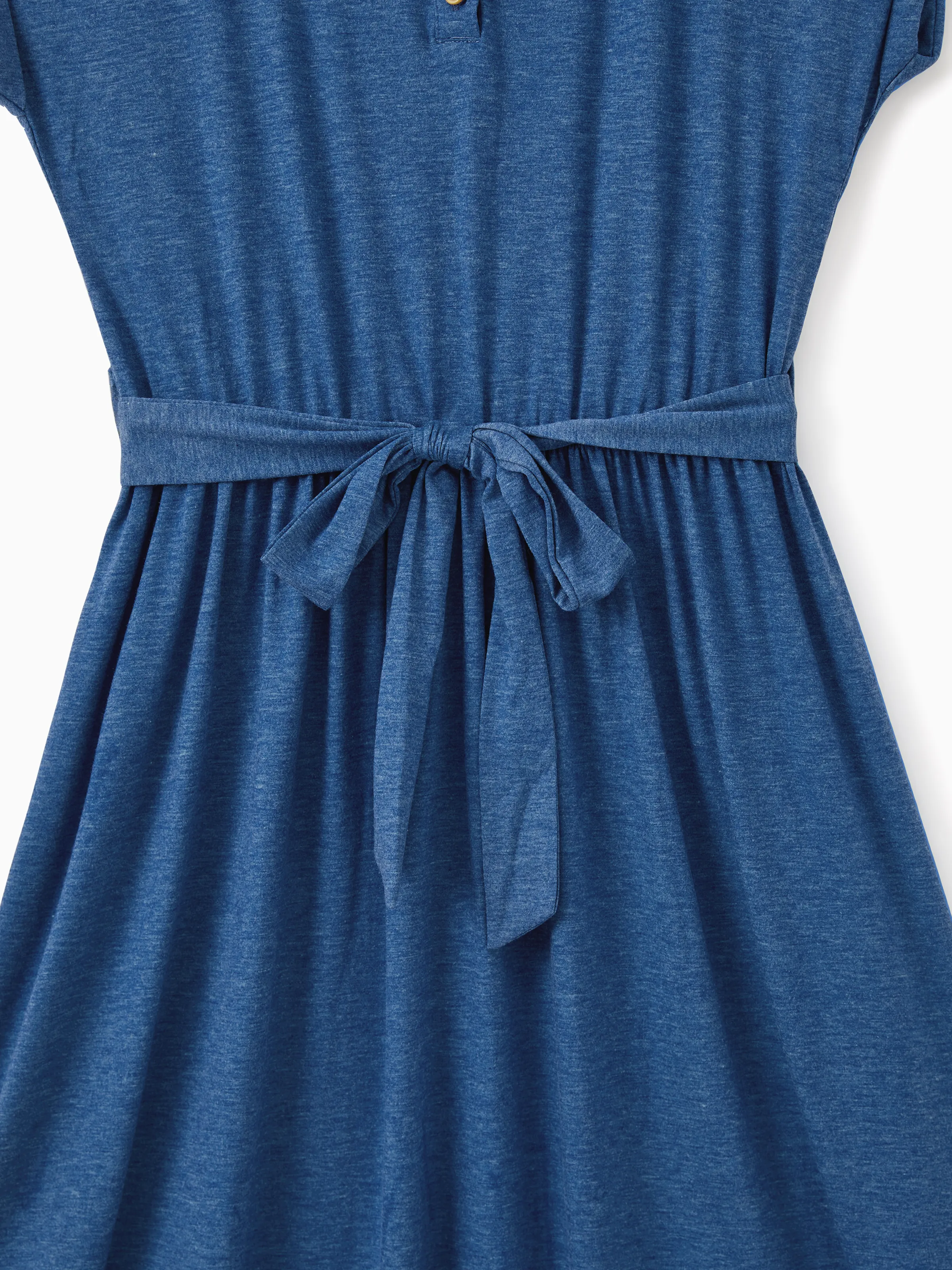 Family Matching Soft Casual Outfit with Below Knee Dresses, Front Buttons, Belted Design Blue - Image 6
