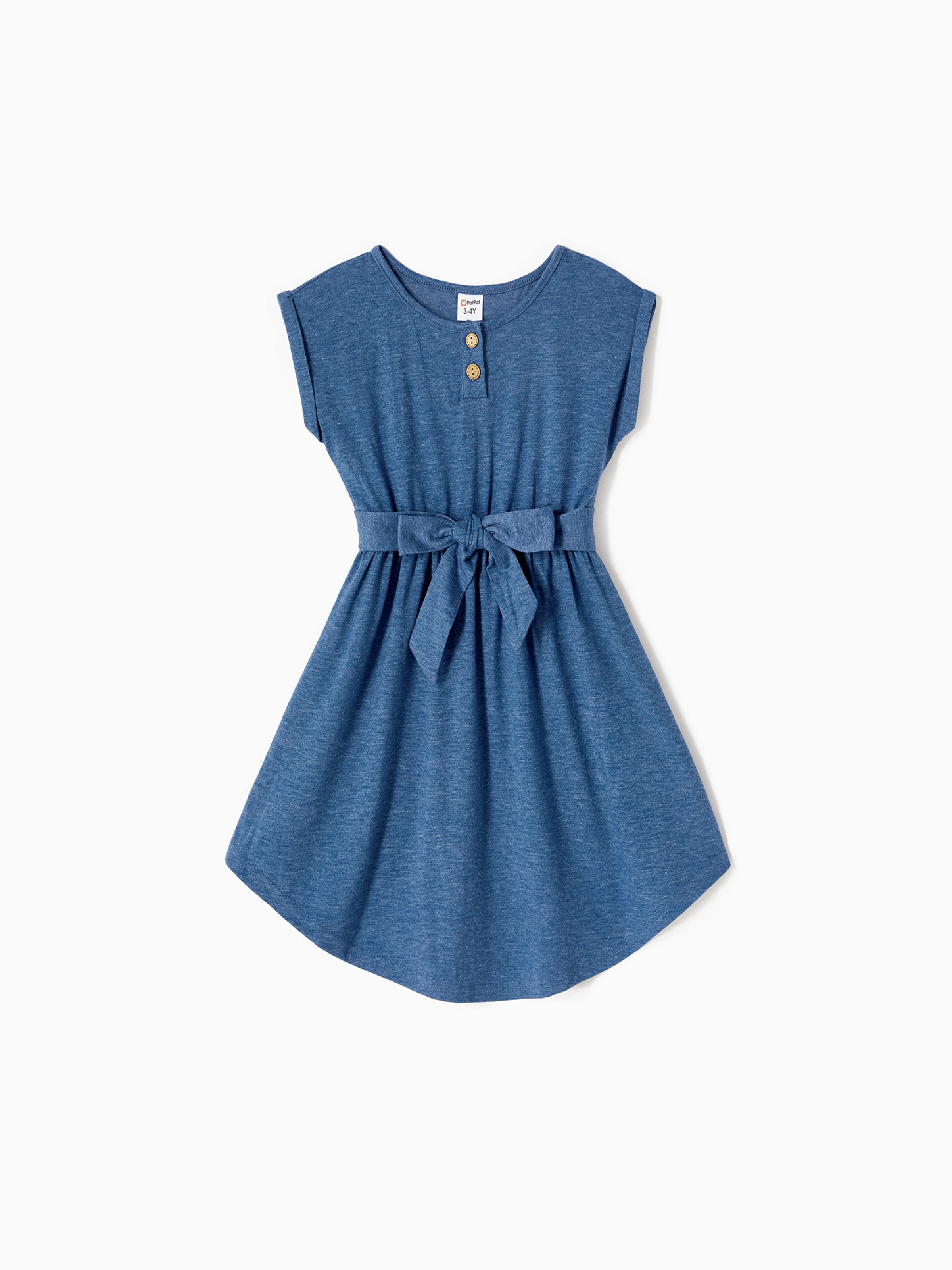 Family Matching Soft Casual Outfit with Below Knee Dresses, Front Buttons, Belted Design Blue - Image 8