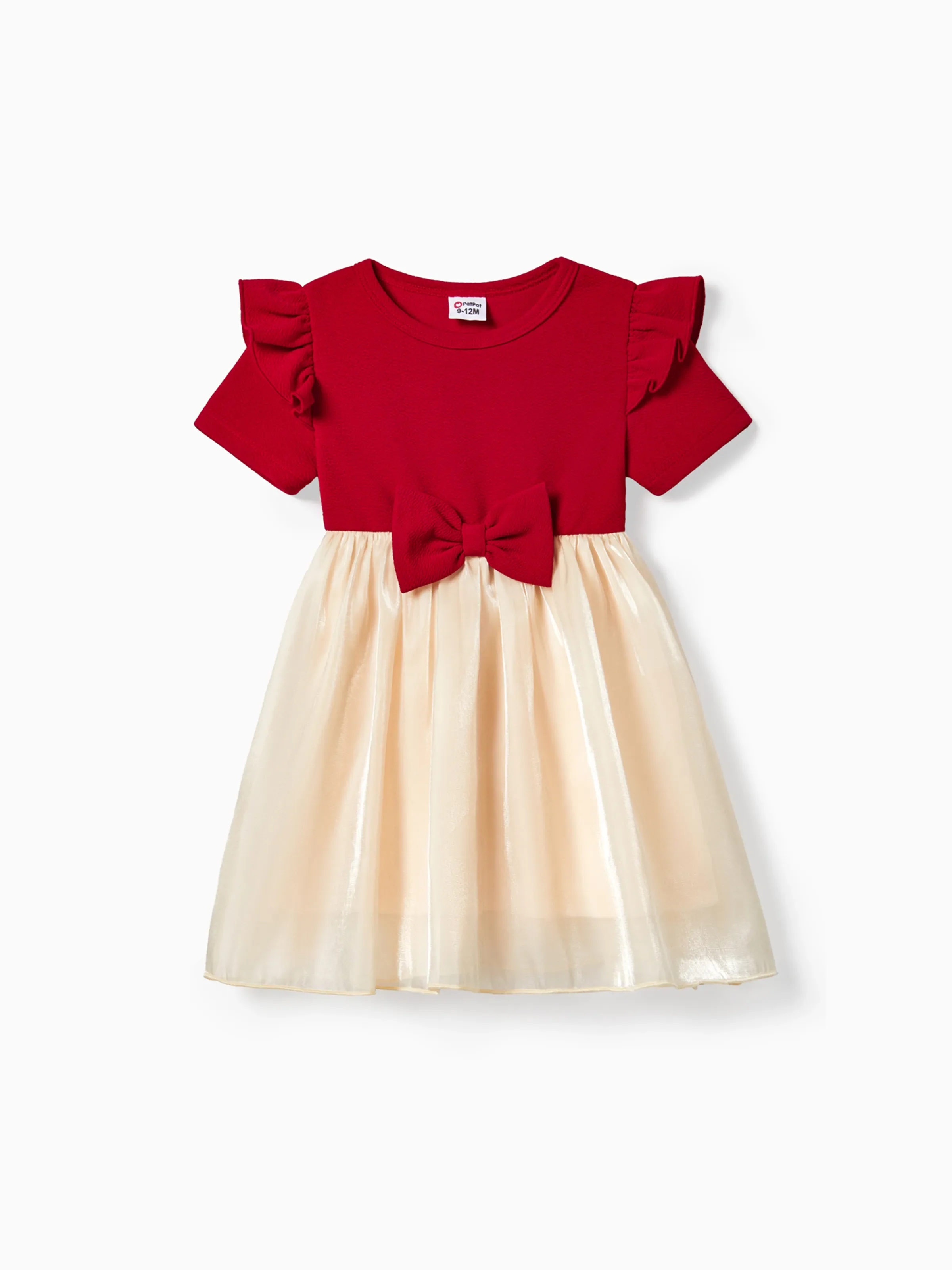 Family Matching Solid Color Short-sleeve Laper-collar Tops and Mermaid/Mesh Dresses Sets Red - Image 11