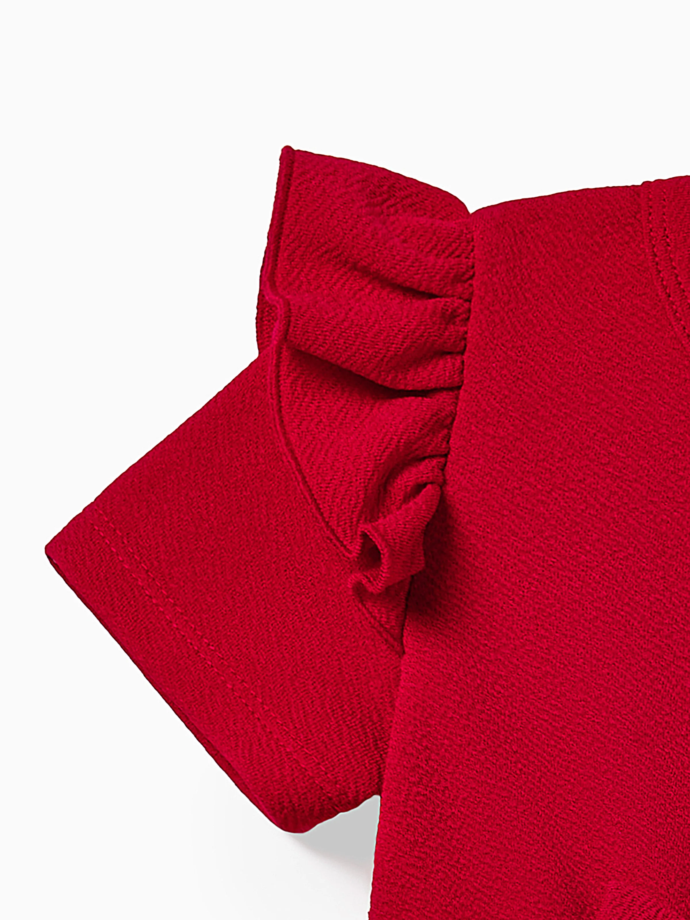 Family Matching Solid Color Short-sleeve Laper-collar Tops and Mermaid/Mesh Dresses Sets Red - Image 12