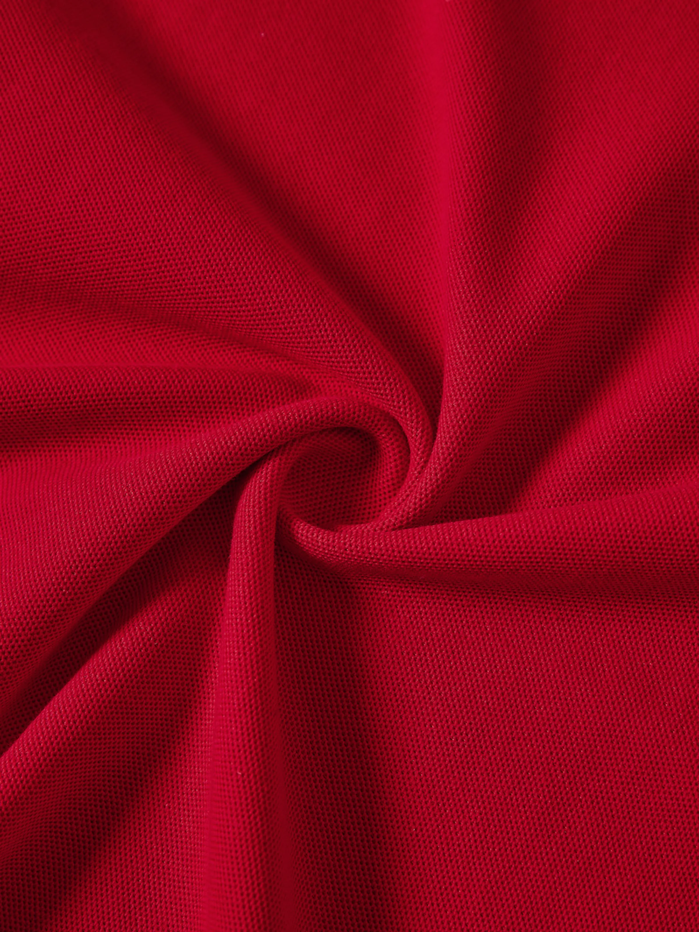 Family Matching Solid Color Short-sleeve Laper-collar Tops and Mermaid/Mesh Dresses Sets Red - Image 19