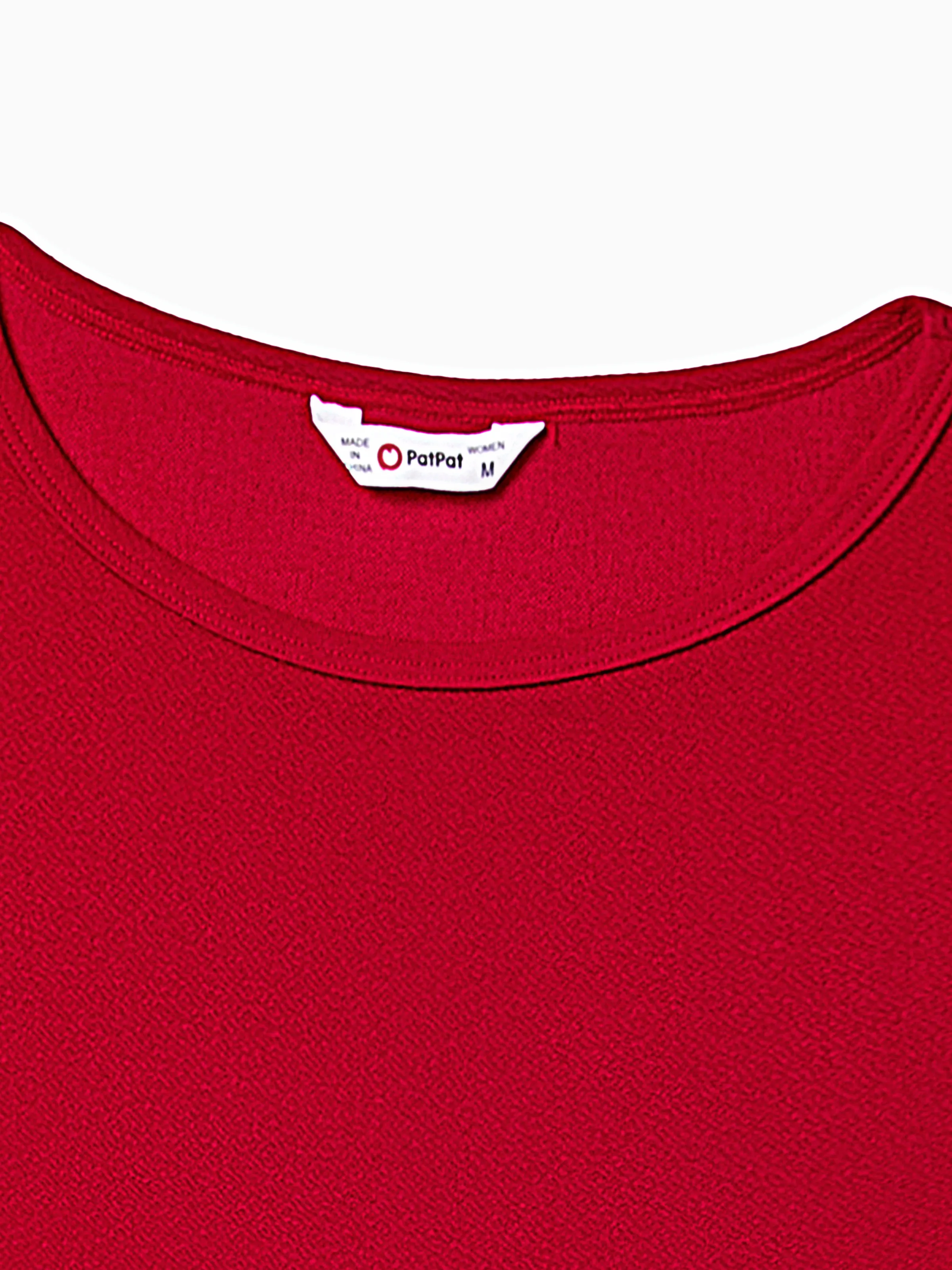 Family Matching Solid Color Short-sleeve Laper-collar Tops and Mermaid/Mesh Dresses Sets Red - Image 3