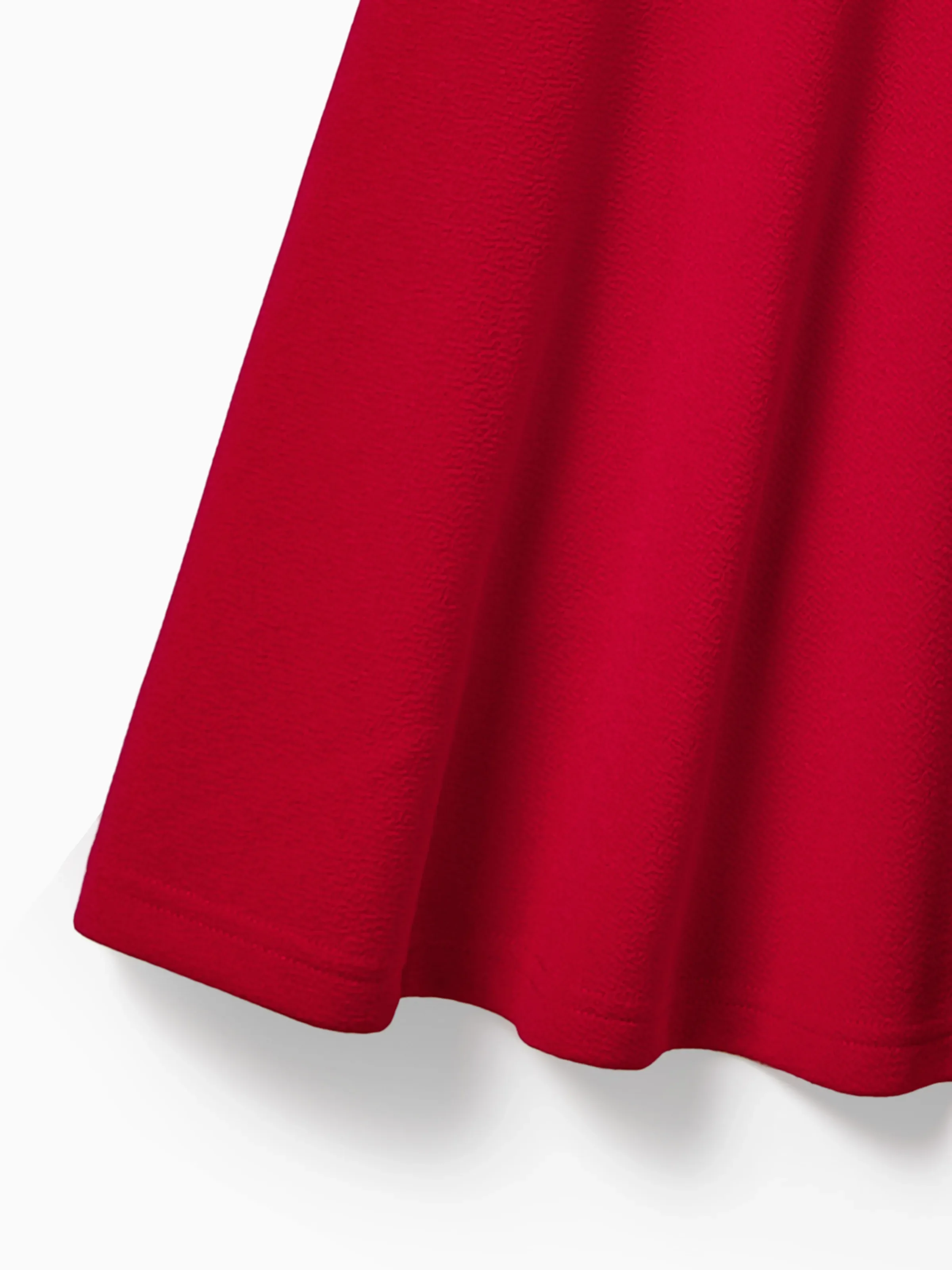 Family Matching Solid Color Short-sleeve Laper-collar Tops and Mermaid/Mesh Dresses Sets Red - Image 5