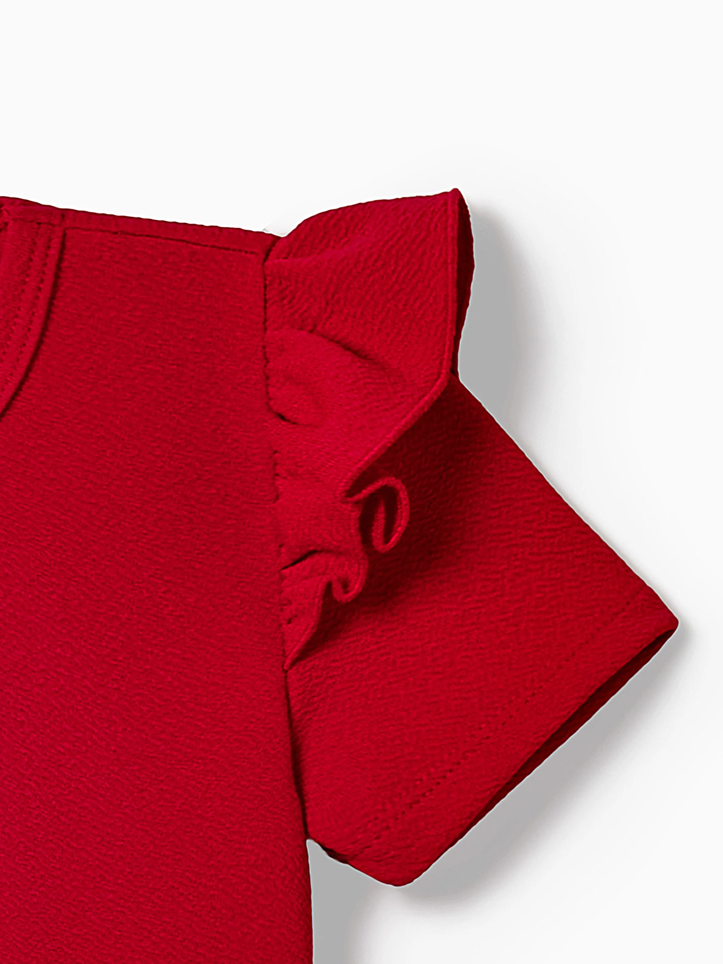 Family Matching Solid Color Short-sleeve Laper-collar Tops and Mermaid/Mesh Dresses Sets Red - Image 7