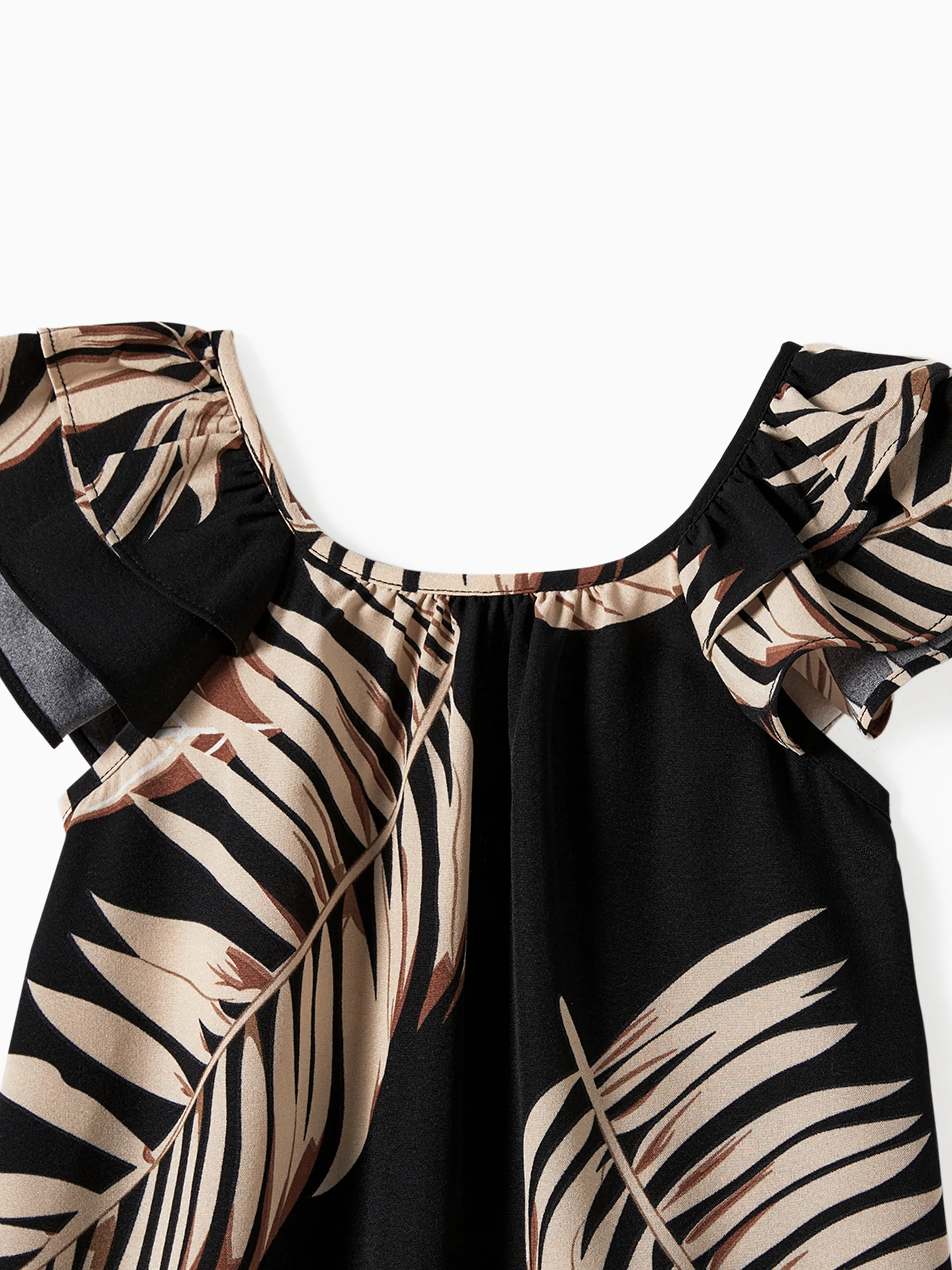 Family Matching Solid Leaf Sleeveless Halter Dresses And Short Sleeve Tops Sets Black - Image 15