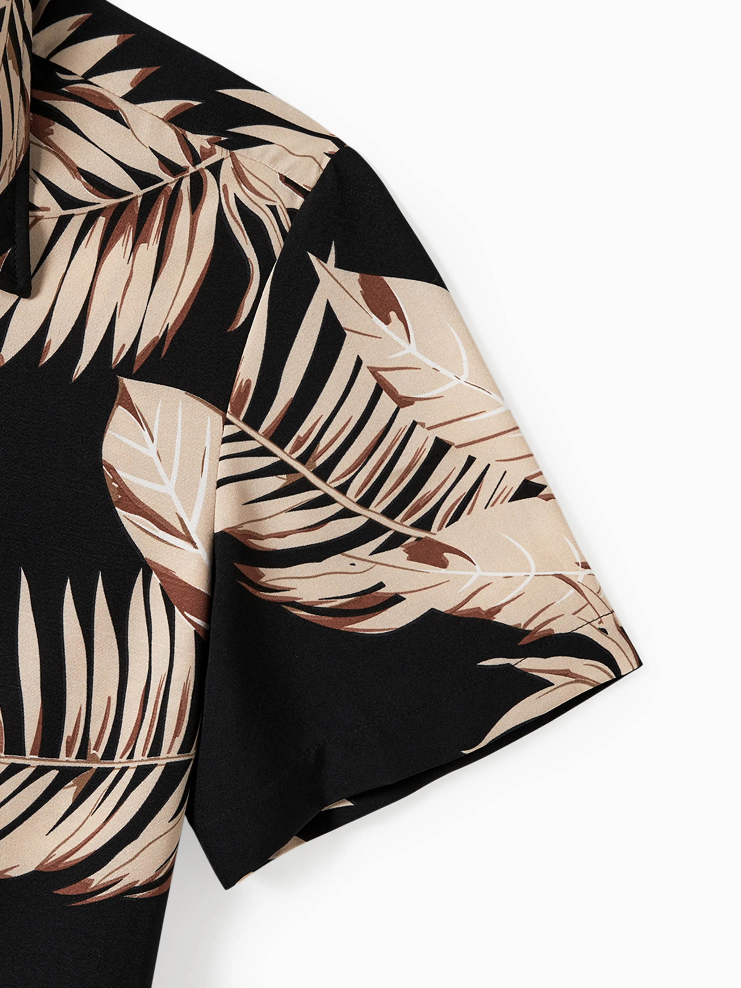 Family Matching Solid Leaf Sleeveless Halter Dresses And Short Sleeve Tops Sets Black - Image 25