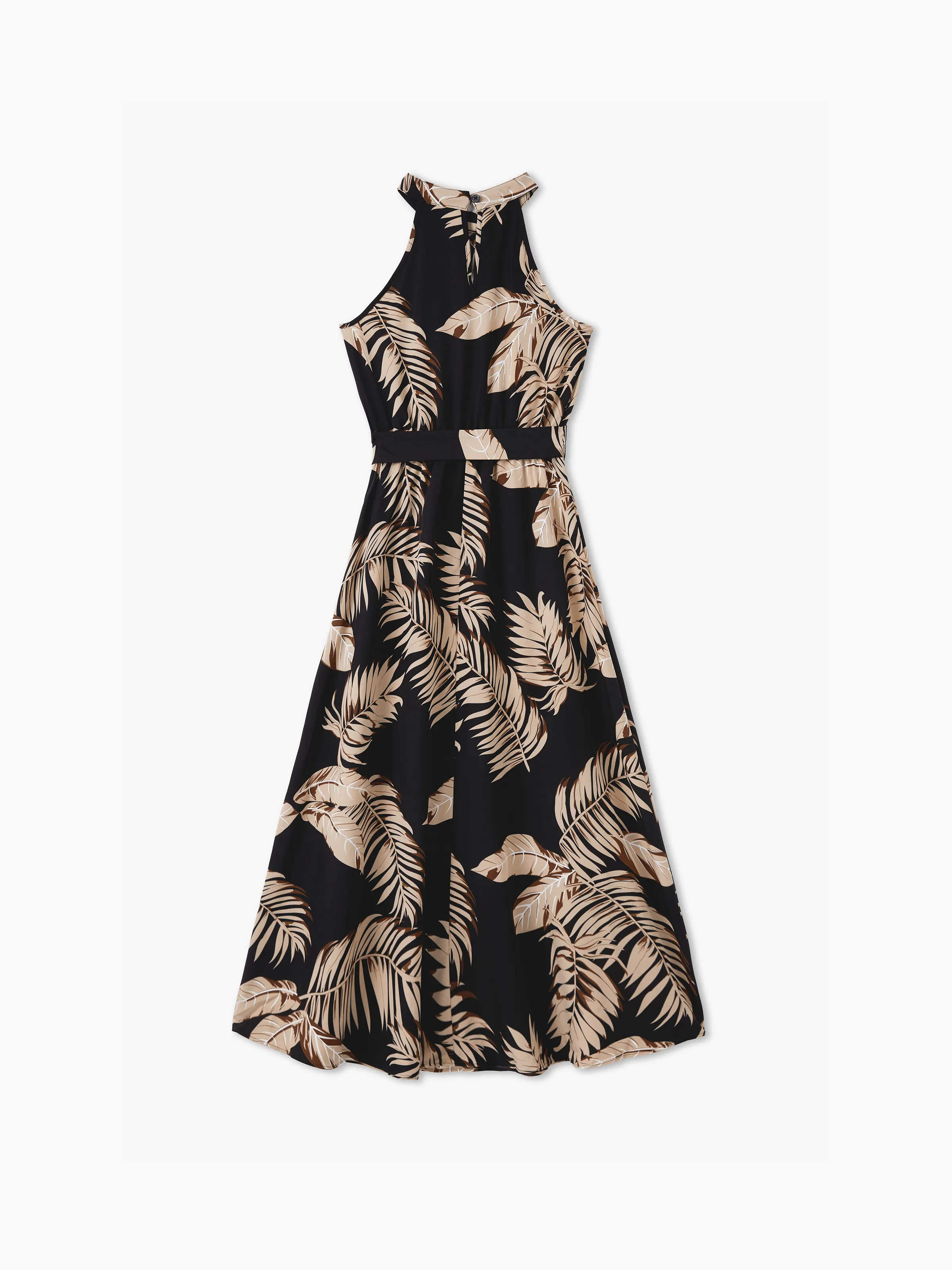 Family Matching Solid Leaf Sleeveless Halter Dresses And Short Sleeve Tops Sets Black - Image 3