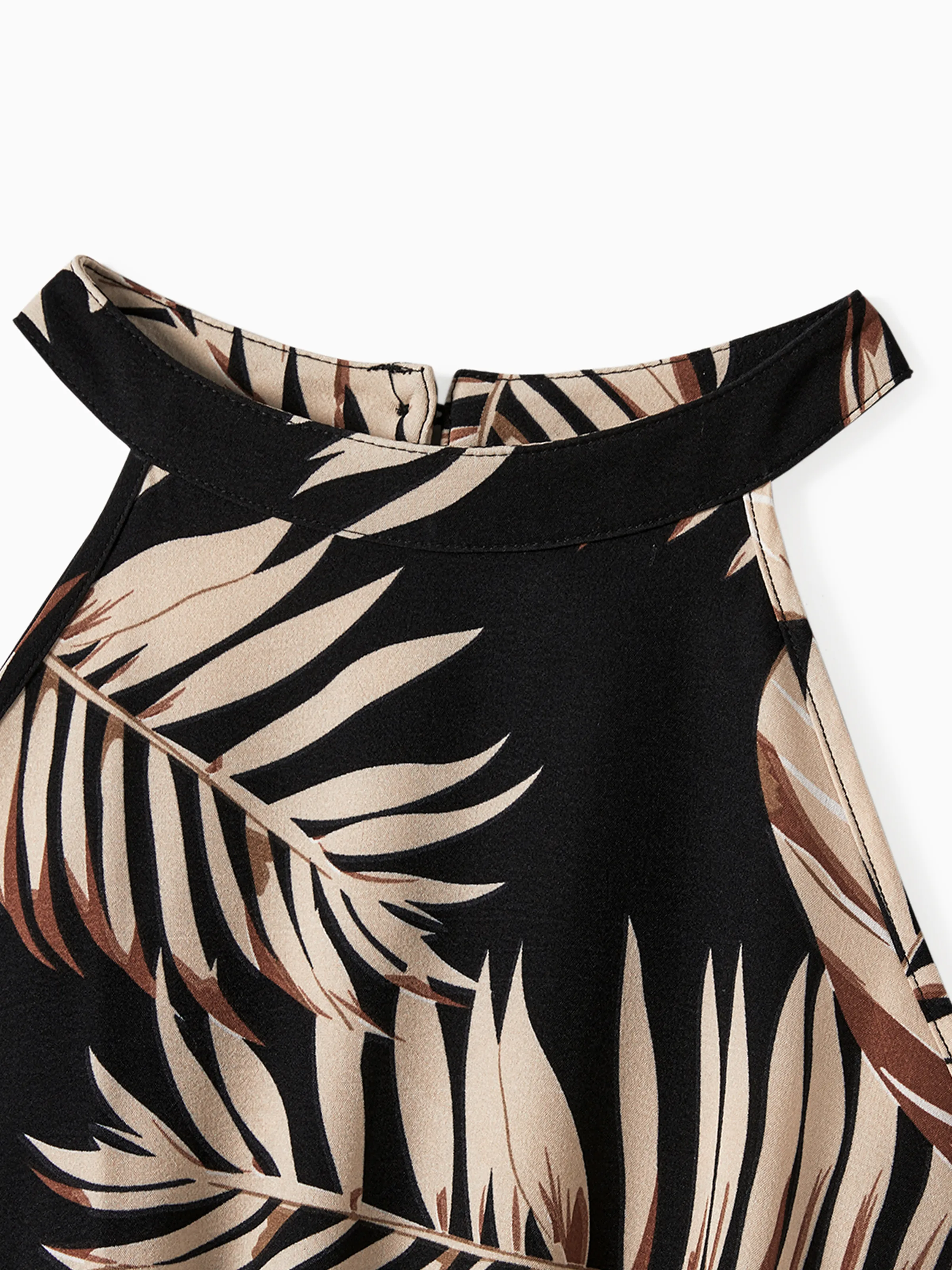 Family Matching Solid Leaf Sleeveless Halter Dresses And Short Sleeve Tops Sets Black - Image 4