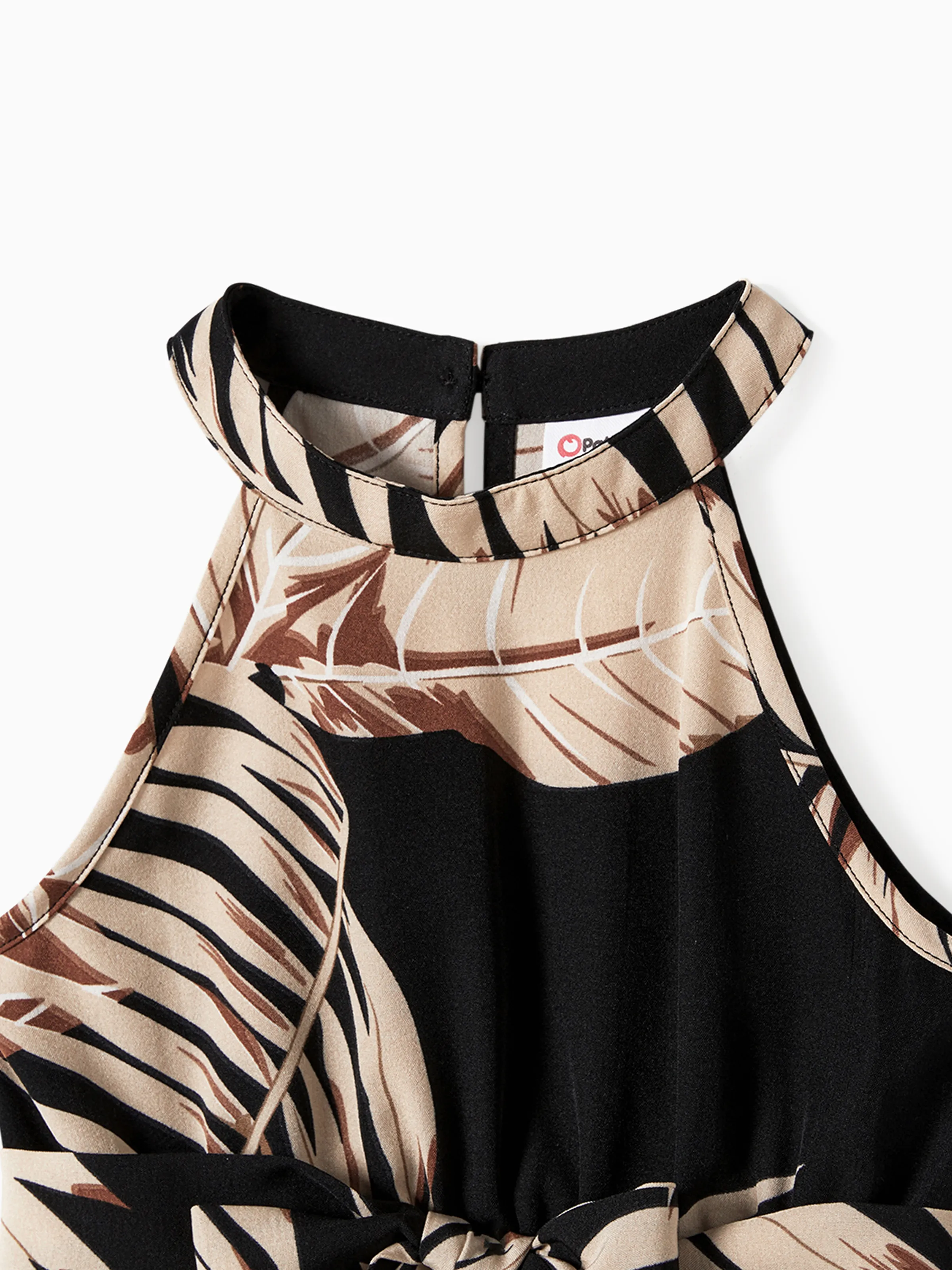 Family Matching Solid Leaf Sleeveless Halter Dresses And Short Sleeve Tops Sets Black - Image 9