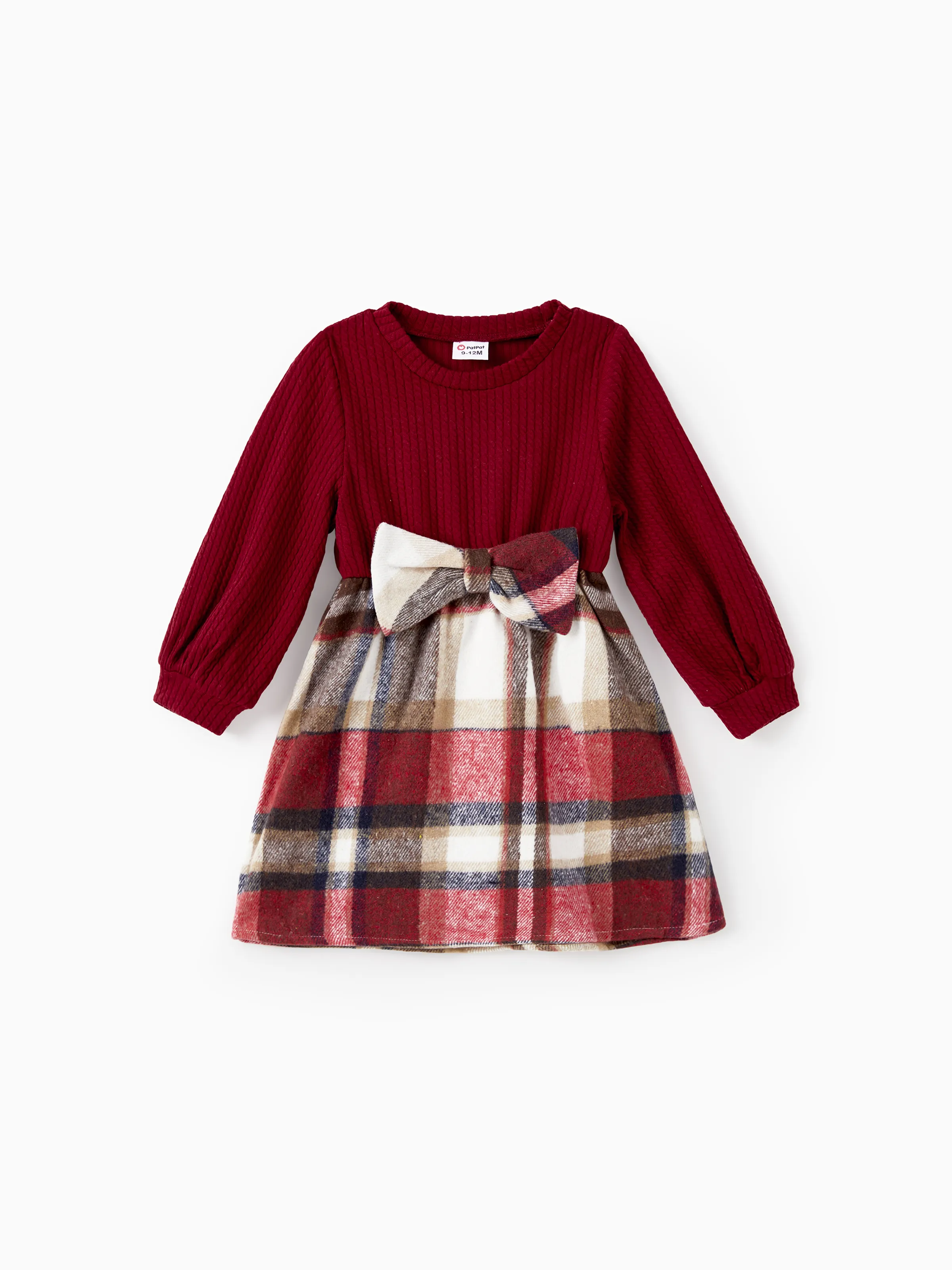 Family Matching Solid Ribbed Spliced Plaid Belted Dresses and Long-sleeve Button Up Shirts Sets MAROON - Image 16