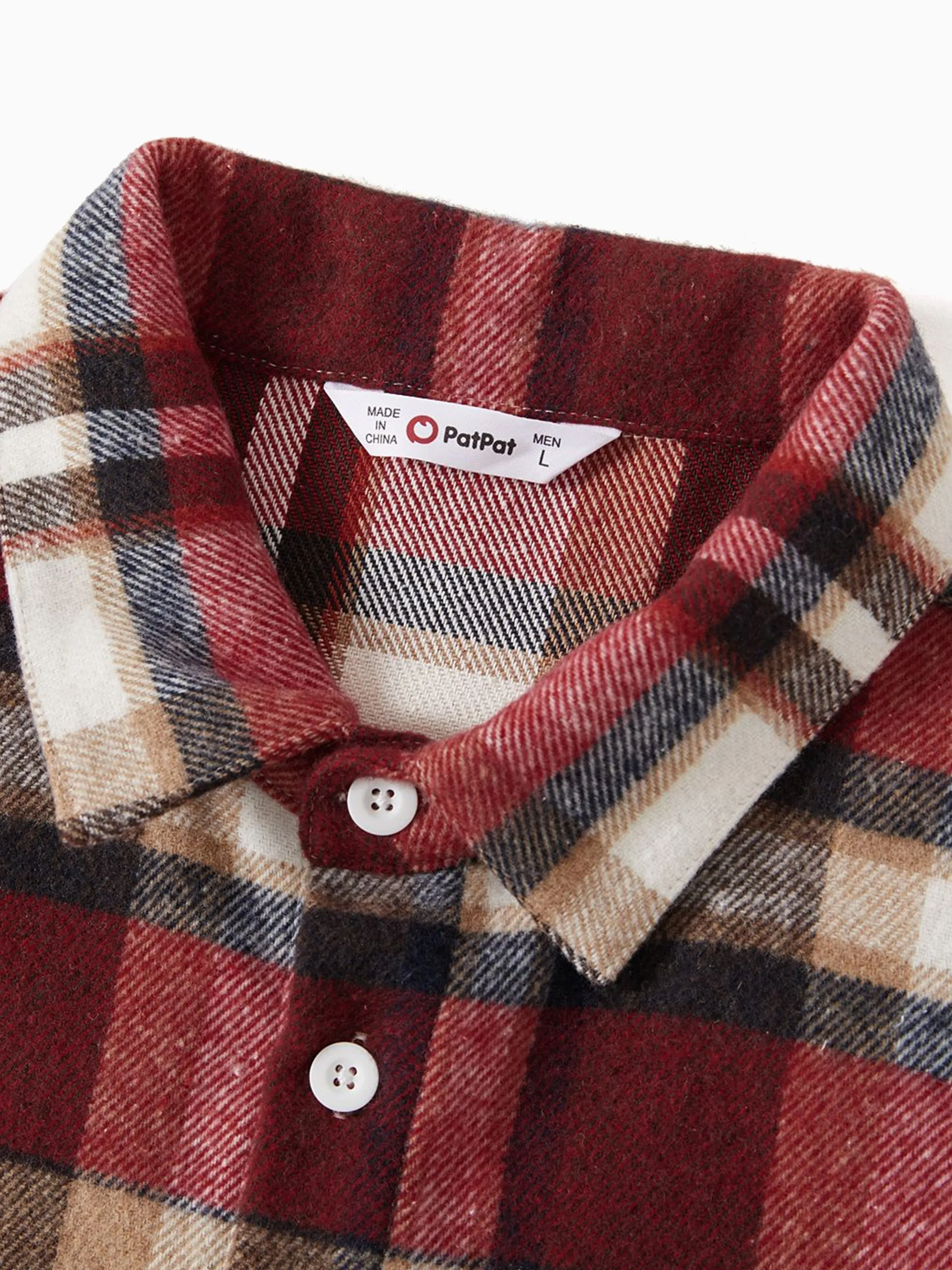 Family Matching Solid Ribbed Spliced Plaid Belted Dresses and Long-sleeve Button Up Shirts Sets MAROON - Image 21