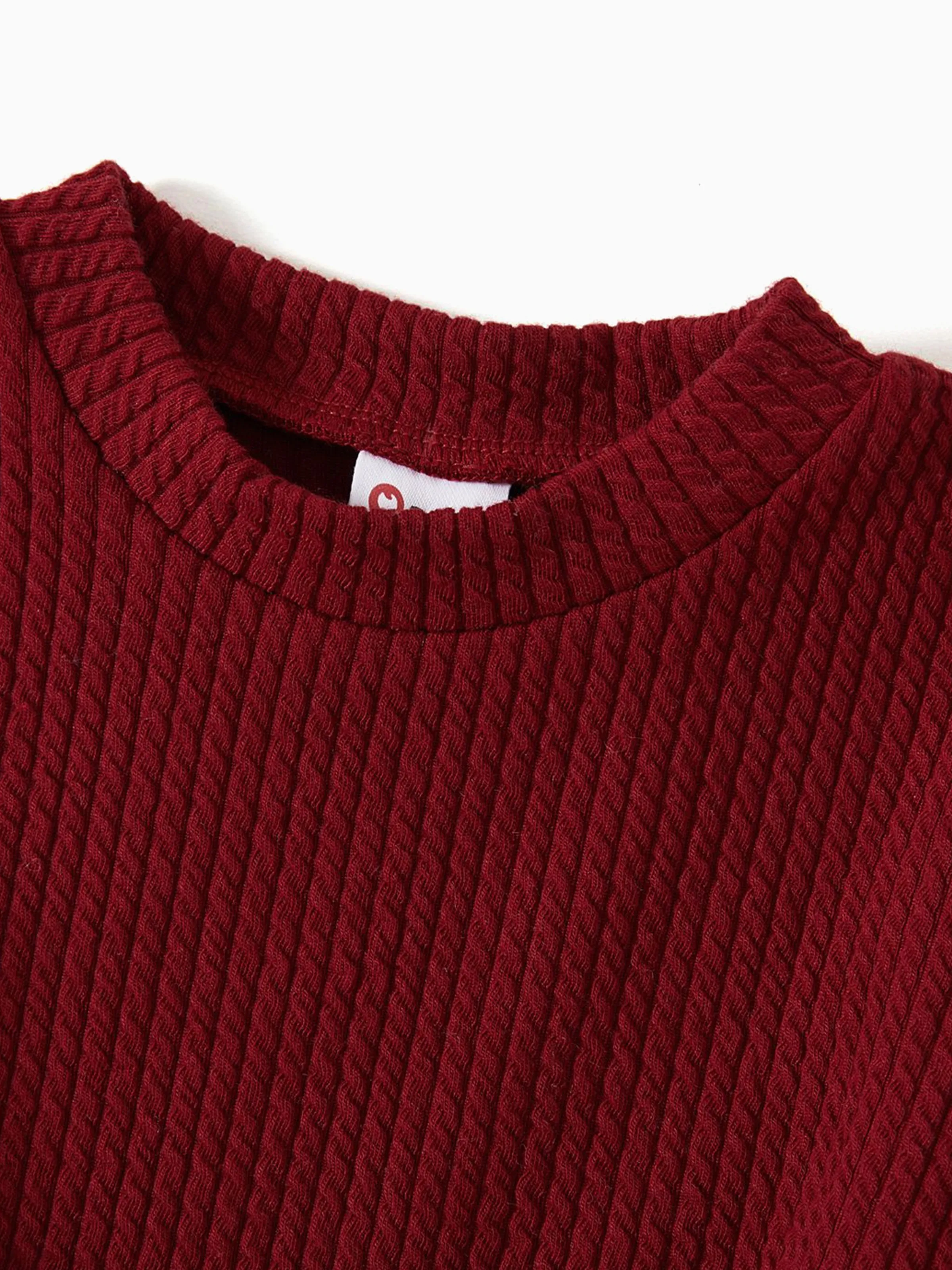 Family Matching Solid Ribbed Spliced Plaid Belted Dresses and Long-sleeve Button Up Shirts Sets MAROON - Image 3