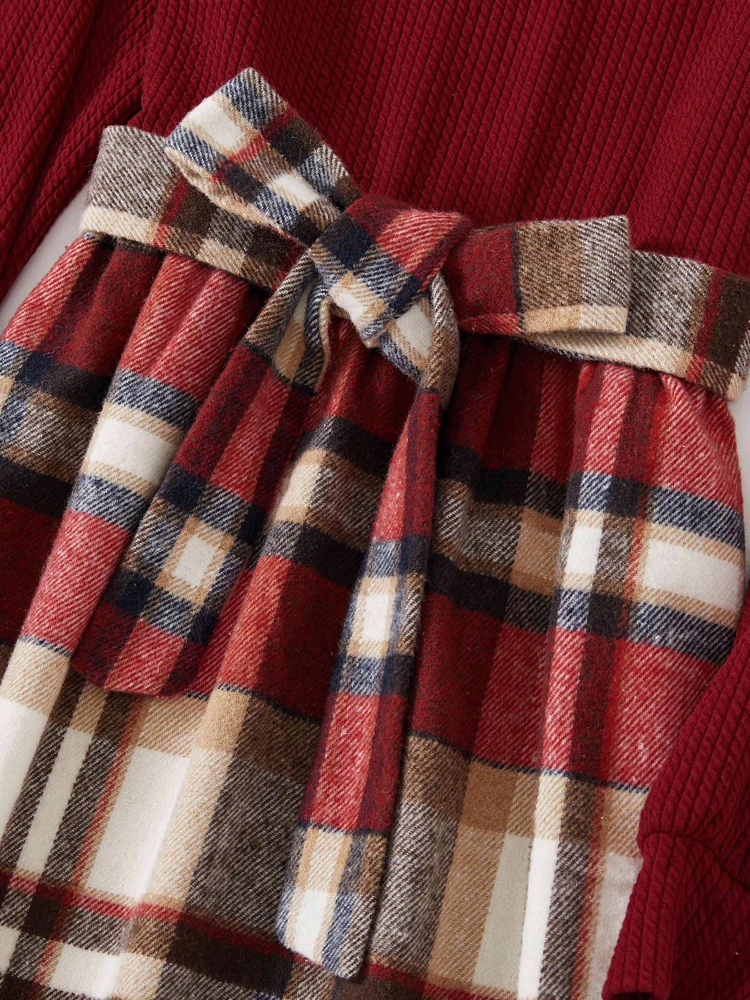 Family Matching Solid Ribbed Spliced Plaid Belted Dresses and Long-sleeve Button Up Shirts Sets MAROON - Image 4