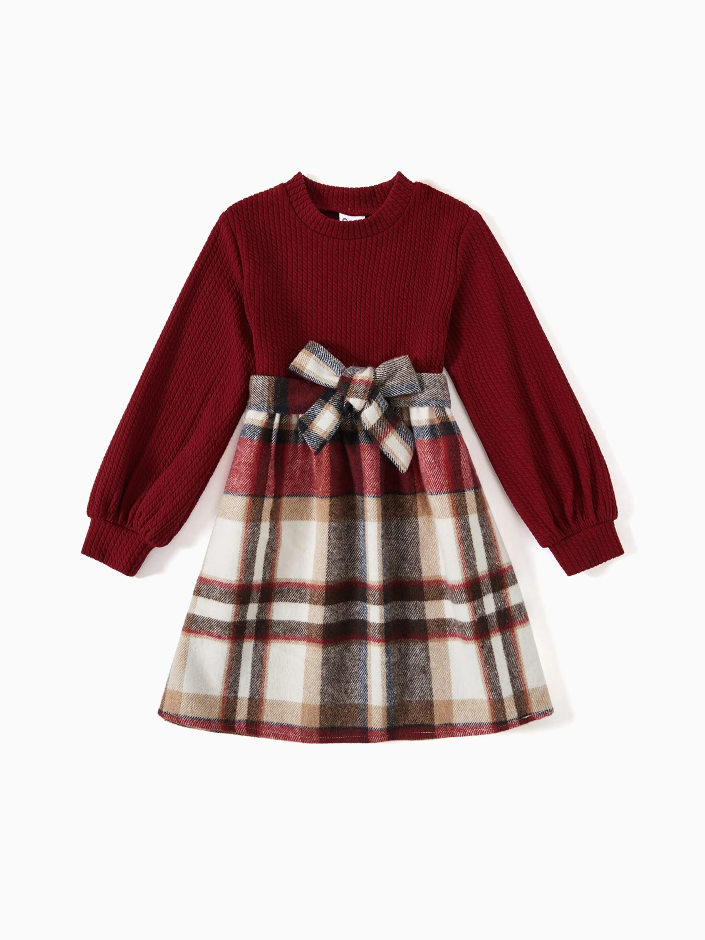 Family Matching Solid Ribbed Spliced Plaid Belted Dresses and Long-sleeve Button Up Shirts Sets MAROON - Image 7