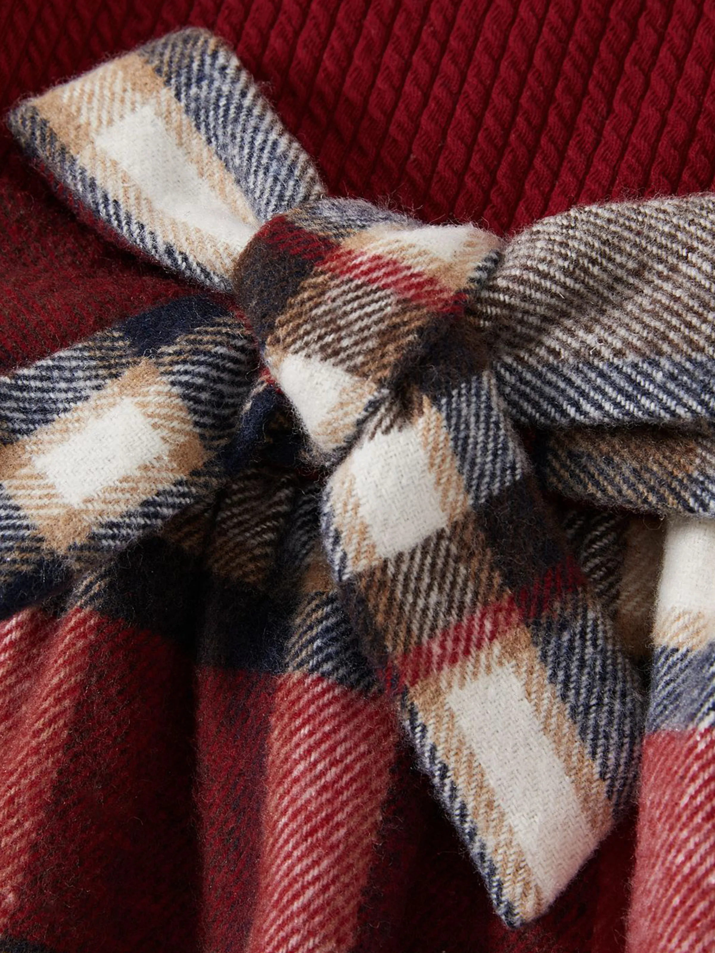 Family Matching Solid Ribbed Spliced Plaid Belted Dresses and Long-sleeve Button Up Shirts Sets MAROON - Image 9