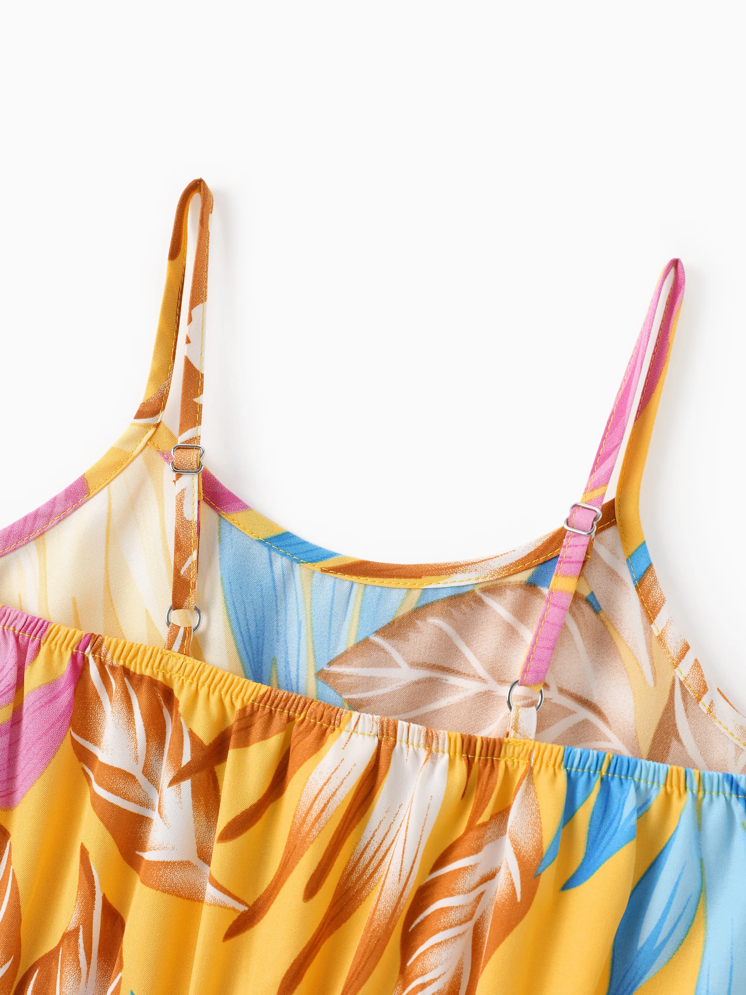 Family Matching Yellow Set Tropical Leaf Print Short-sleeve Shirt or Strap Dress Yellow - Image 10