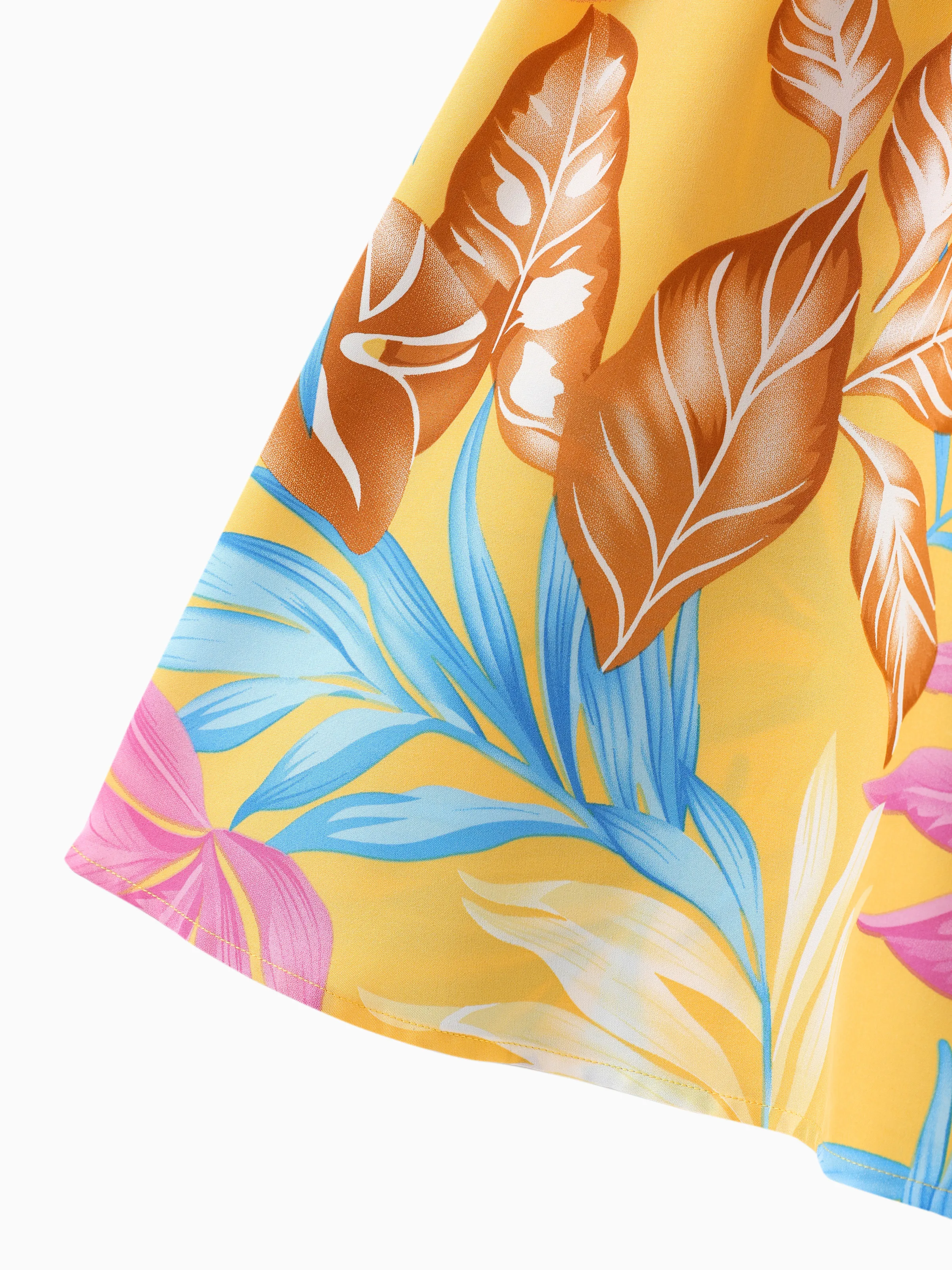 Family Matching Yellow Set Tropical Leaf Print Short-sleeve Shirt or Strap Dress Yellow - Image 11