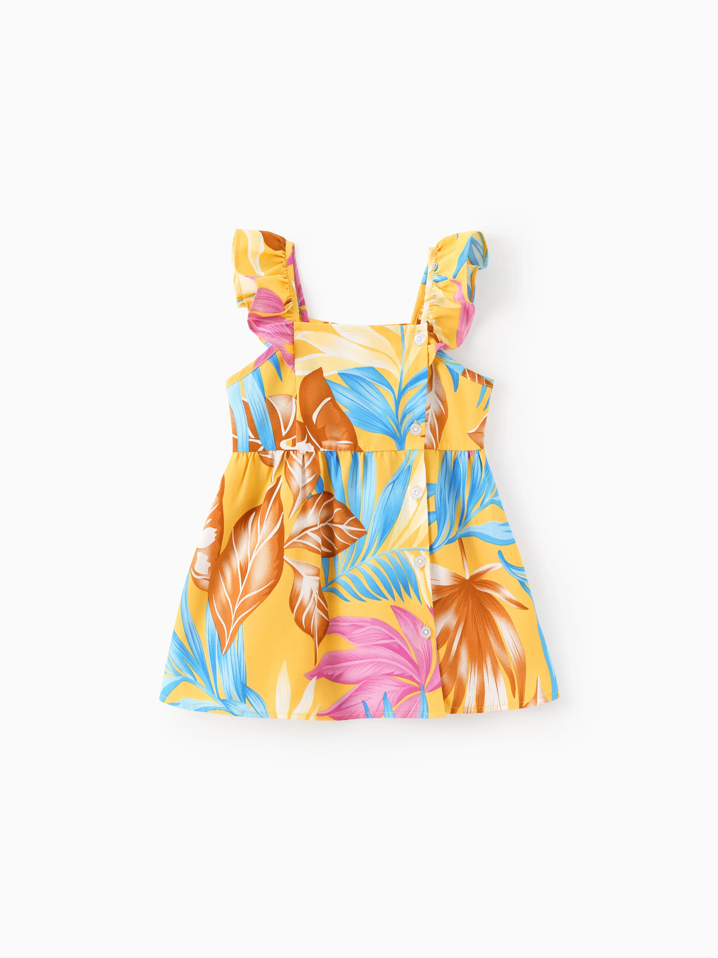 Family Matching Yellow Set Tropical Leaf Print Short-sleeve Shirt or Strap Dress Yellow - Image 12