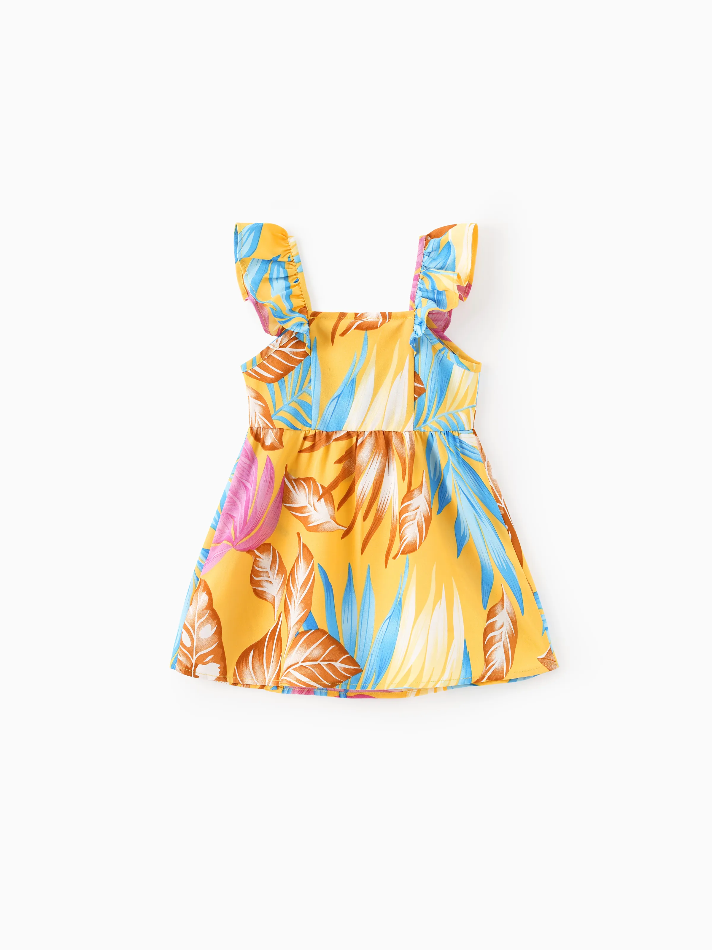 Family Matching Yellow Set Tropical Leaf Print Short-sleeve Shirt or Strap Dress Yellow - Image 13