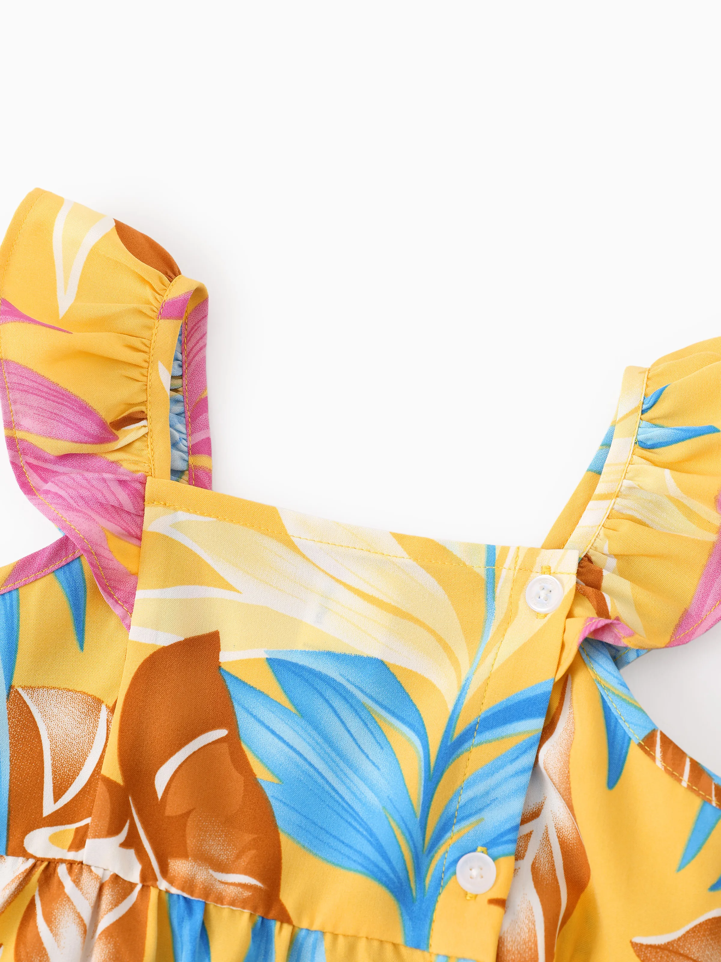 Family Matching Yellow Set Tropical Leaf Print Short-sleeve Shirt or Strap Dress Yellow - Image 14