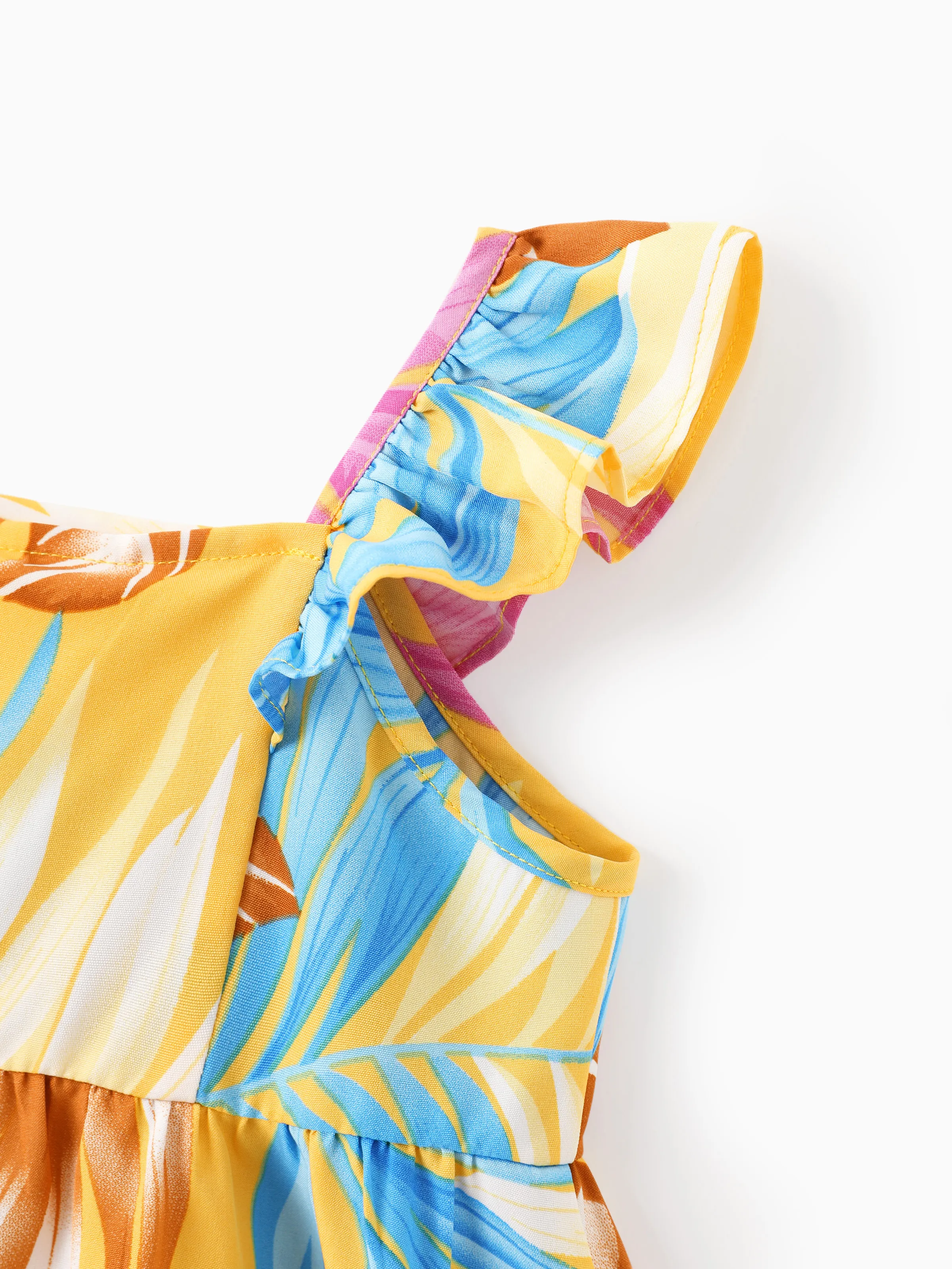 Family Matching Yellow Set Tropical Leaf Print Short-sleeve Shirt or Strap Dress Yellow - Image 15