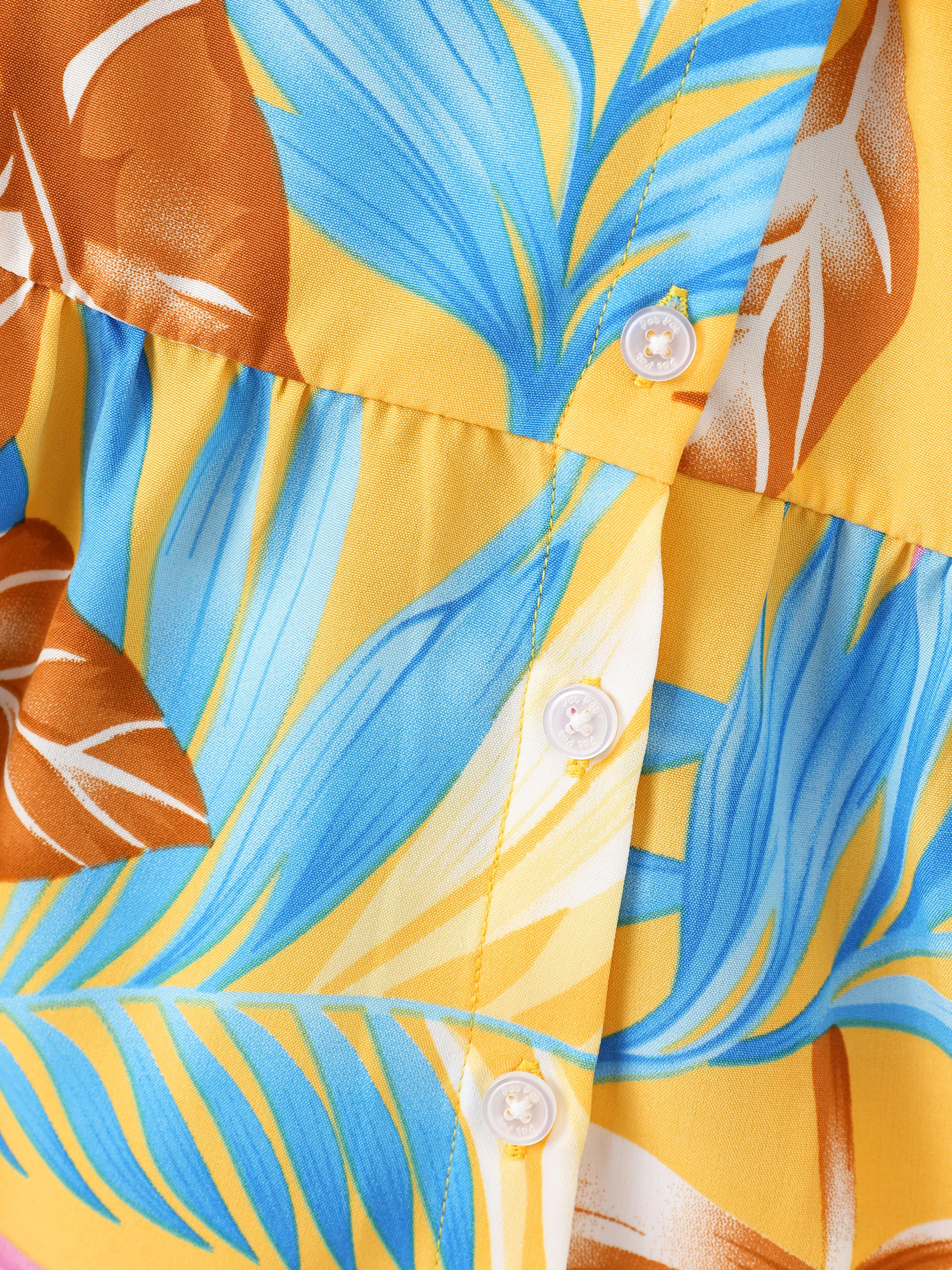 Family Matching Yellow Set Tropical Leaf Print Short-sleeve Shirt or Strap Dress Yellow - Image 16