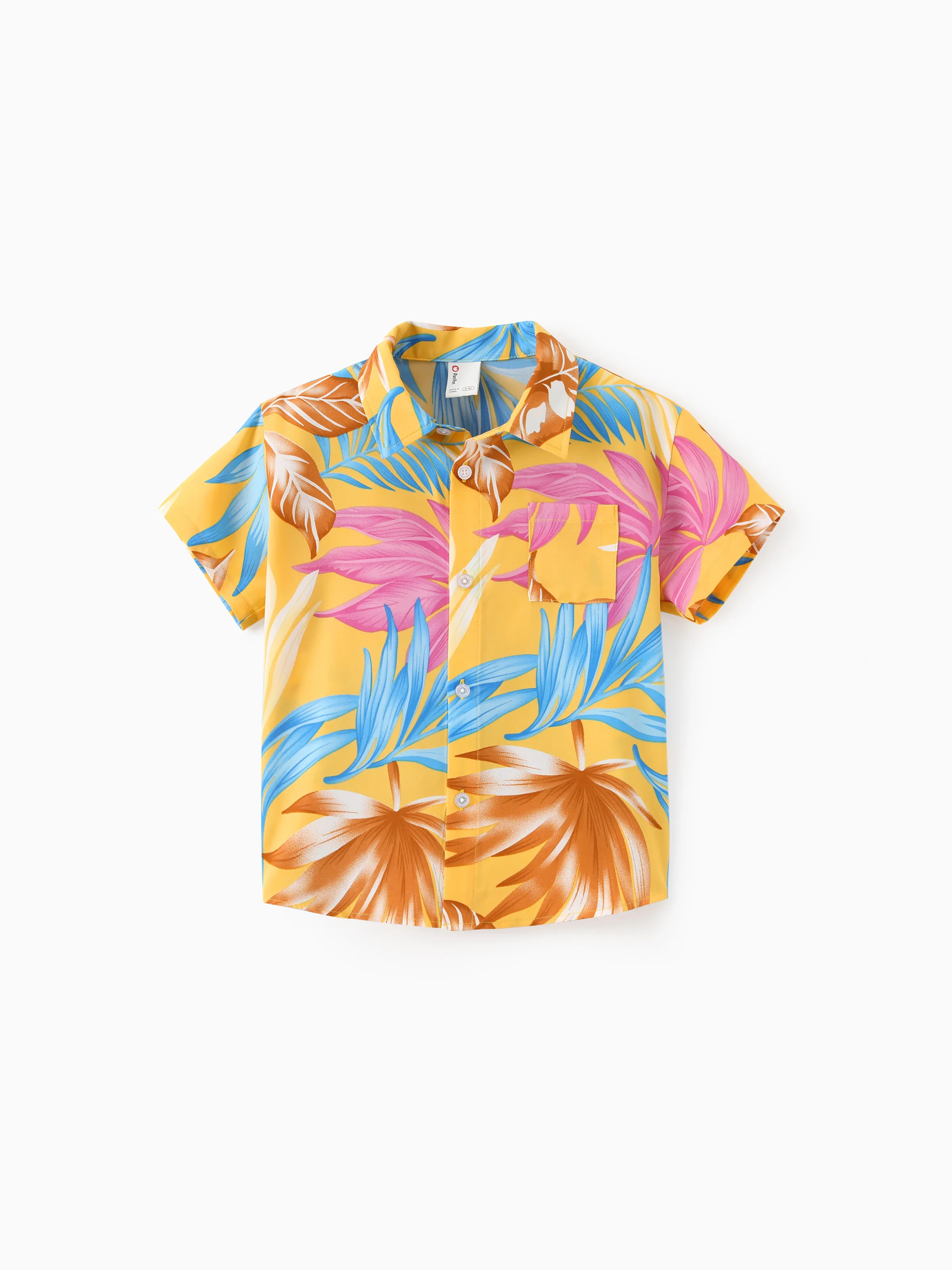 Family Matching Yellow Set Tropical Leaf Print Short-sleeve Shirt or Strap Dress Yellow - Image 17