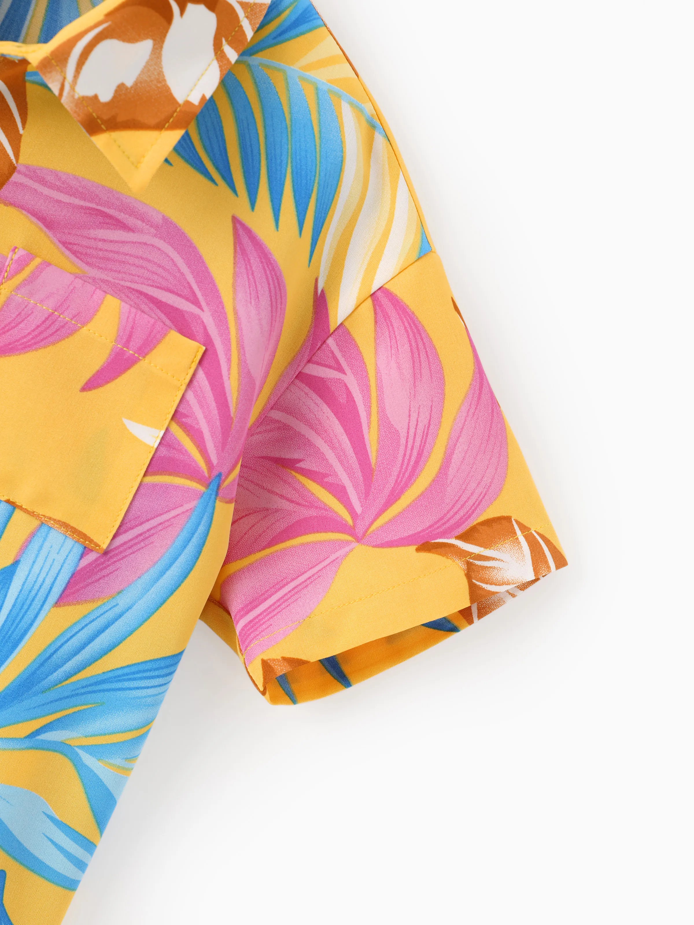 Family Matching Yellow Set Tropical Leaf Print Short-sleeve Shirt or Strap Dress Yellow - Image 20