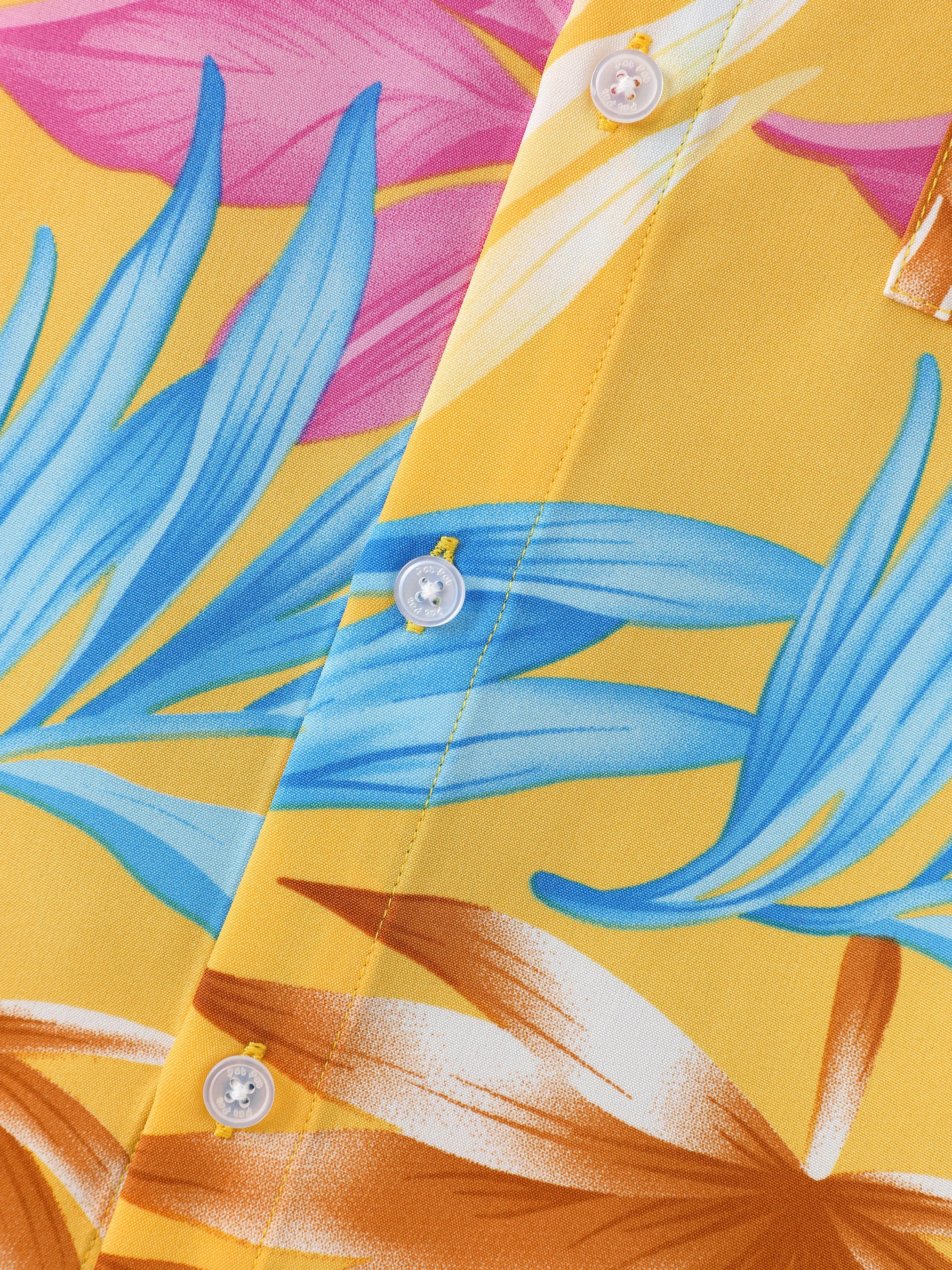 Family Matching Yellow Set Tropical Leaf Print Short-sleeve Shirt or Strap Dress Yellow - Image 21