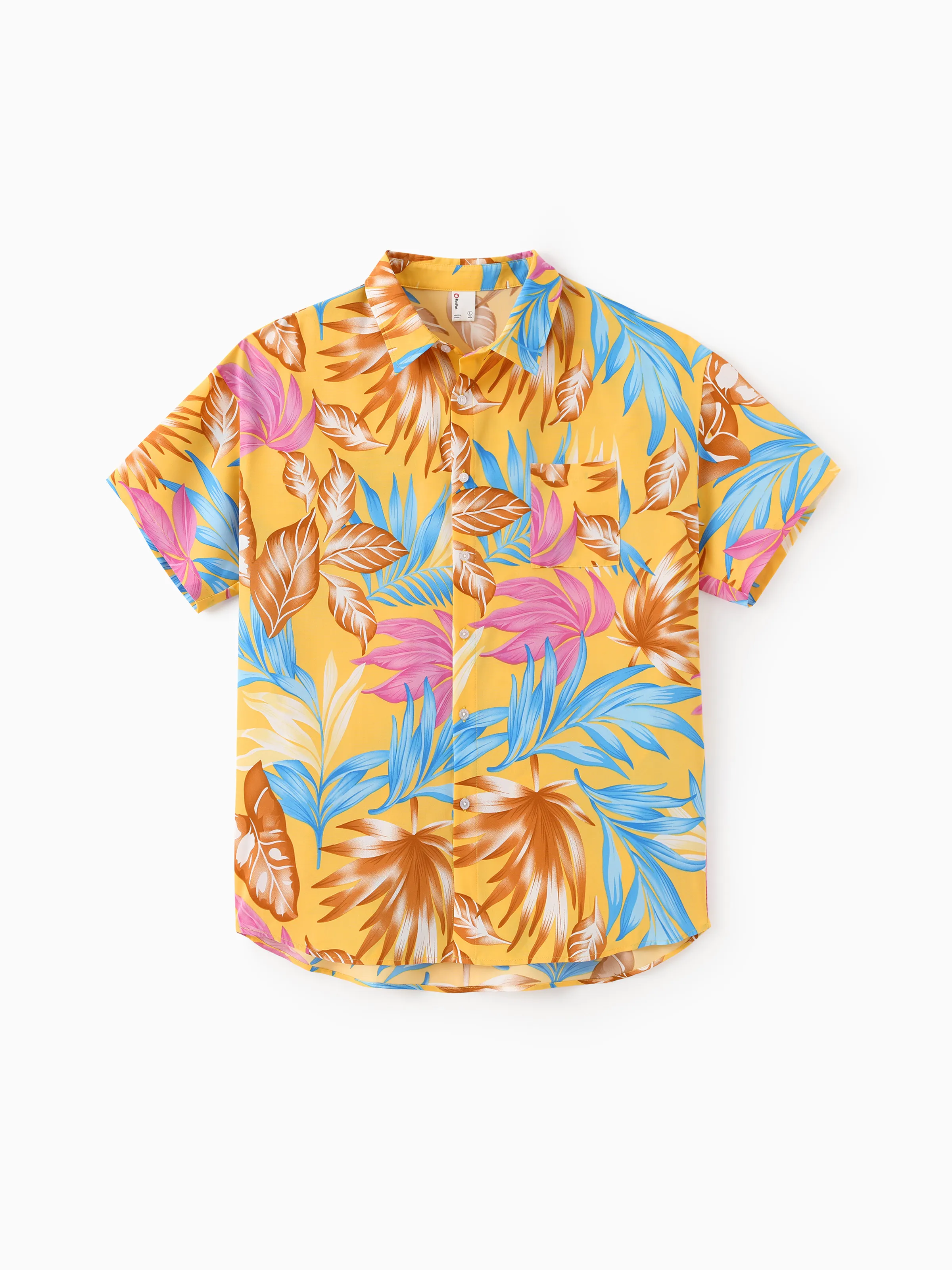 Family Matching Yellow Set Tropical Leaf Print Short-sleeve Shirt or Strap Dress Yellow - Image 22