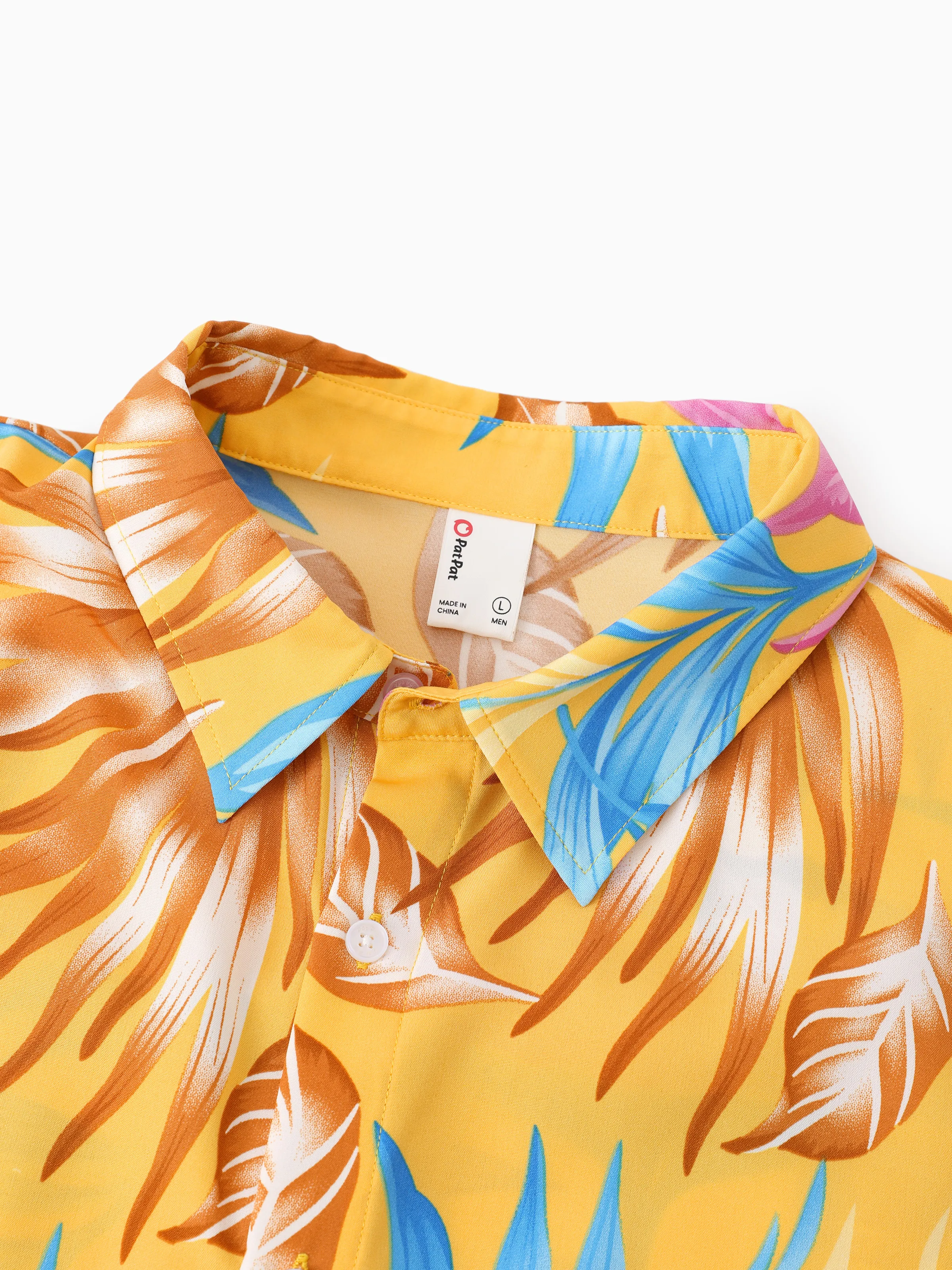 Family Matching Yellow Set Tropical Leaf Print Short-sleeve Shirt or Strap Dress Yellow - Image 24