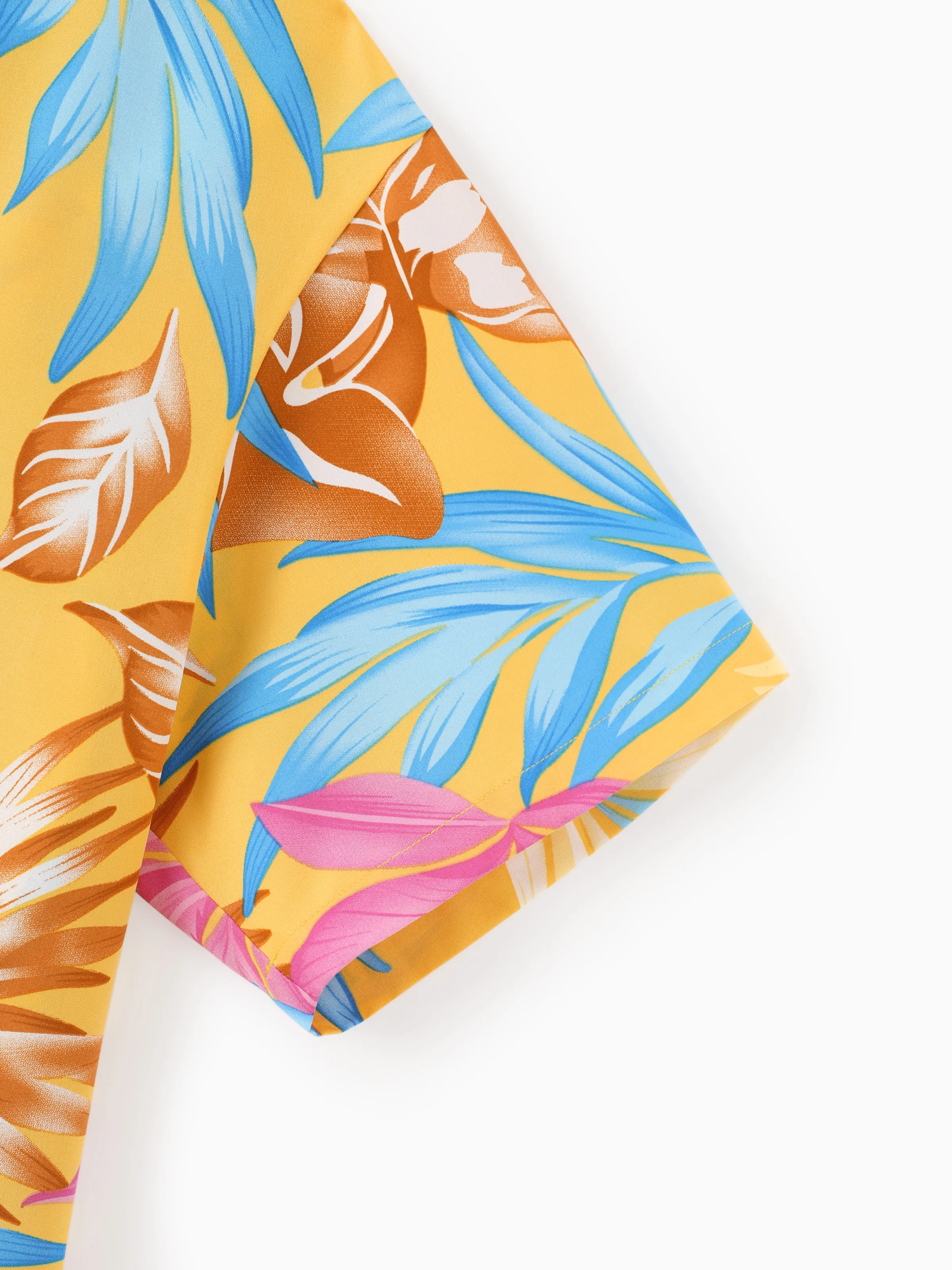 Family Matching Yellow Set Tropical Leaf Print Short-sleeve Shirt or Strap Dress Yellow - Image 25