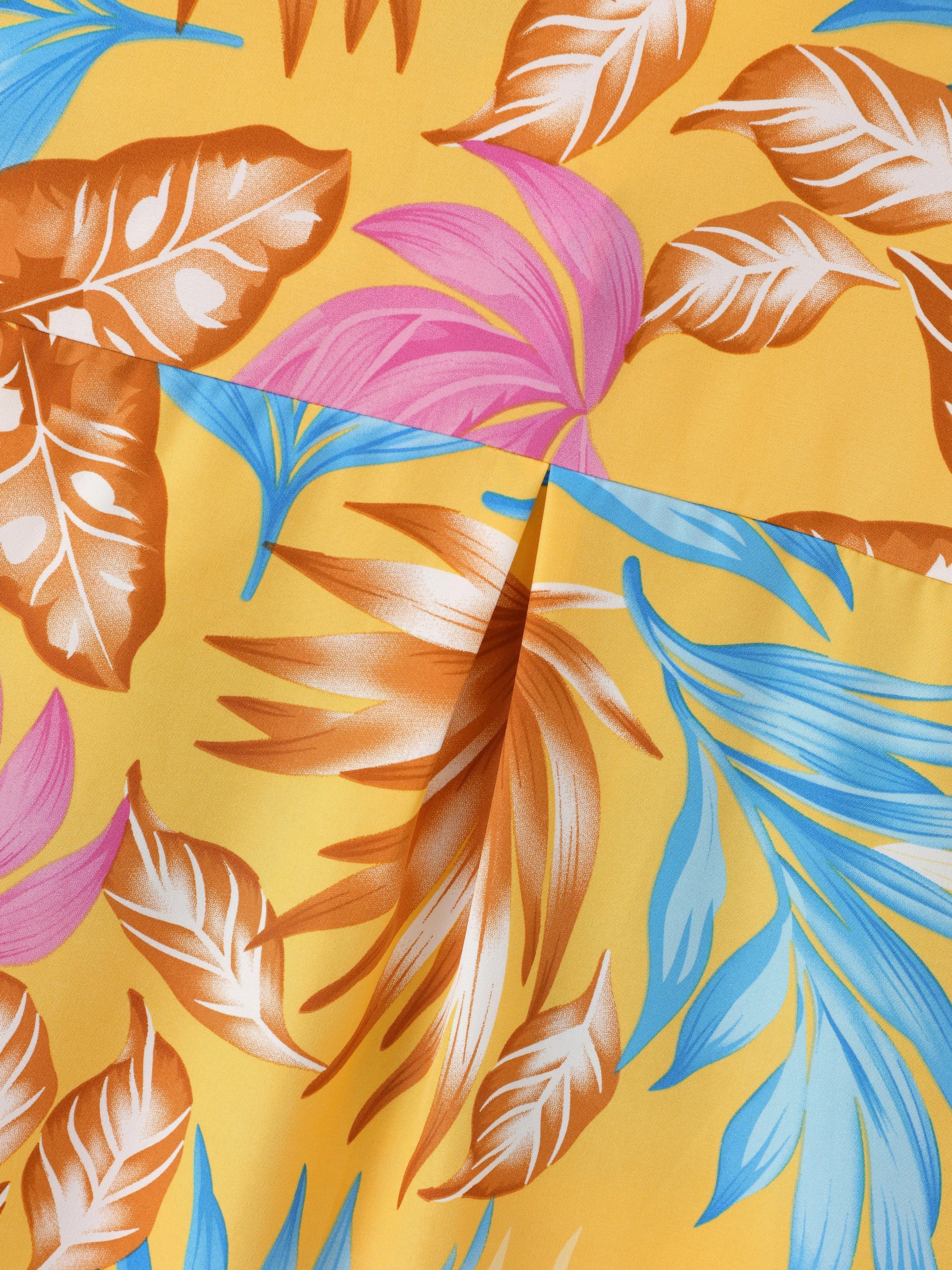 Family Matching Yellow Set Tropical Leaf Print Short-sleeve Shirt or Strap Dress Yellow - Image 26